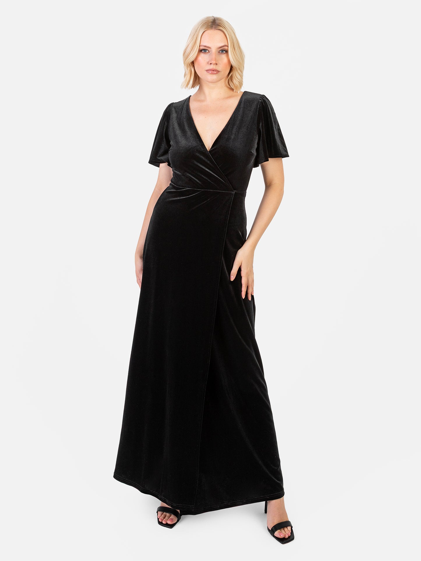 Maya Black Faux Wrap Short Sleeve Velvet Maxi Dress