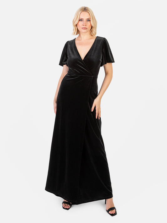 Maya Black Faux Wrap Short Sleeve Velvet Maxi Dress