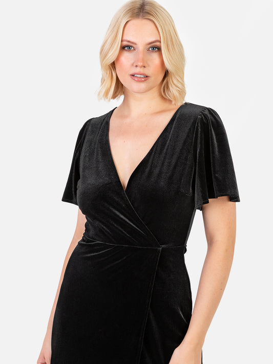 Maya Black Faux Wrap Short Sleeve Velvet Maxi Dress