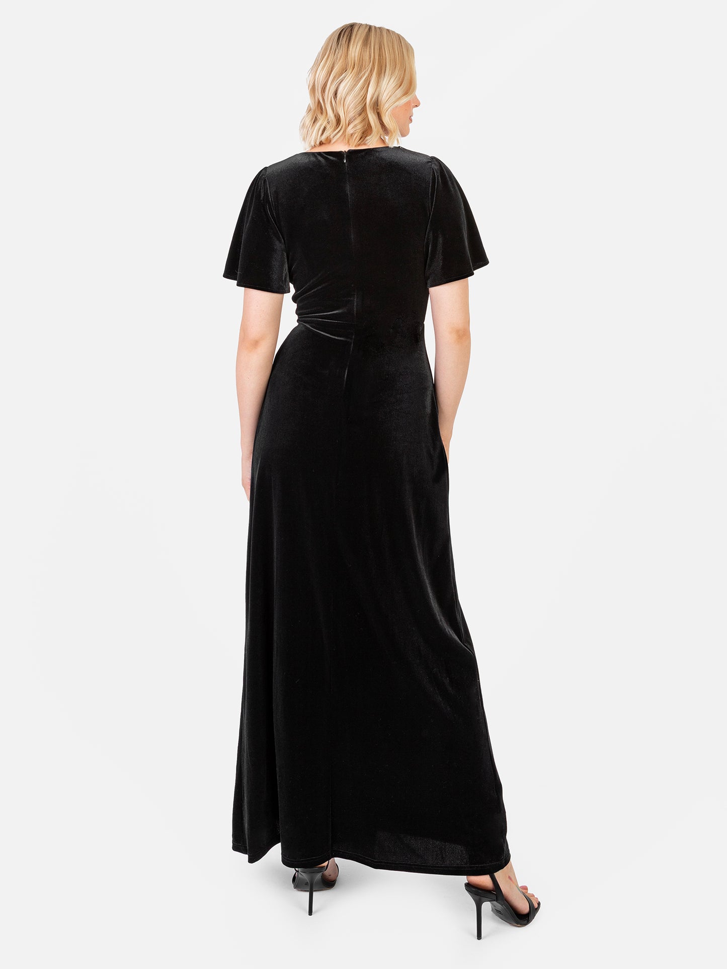 Maya Black Faux Wrap Short Sleeve Velvet Maxi Dress