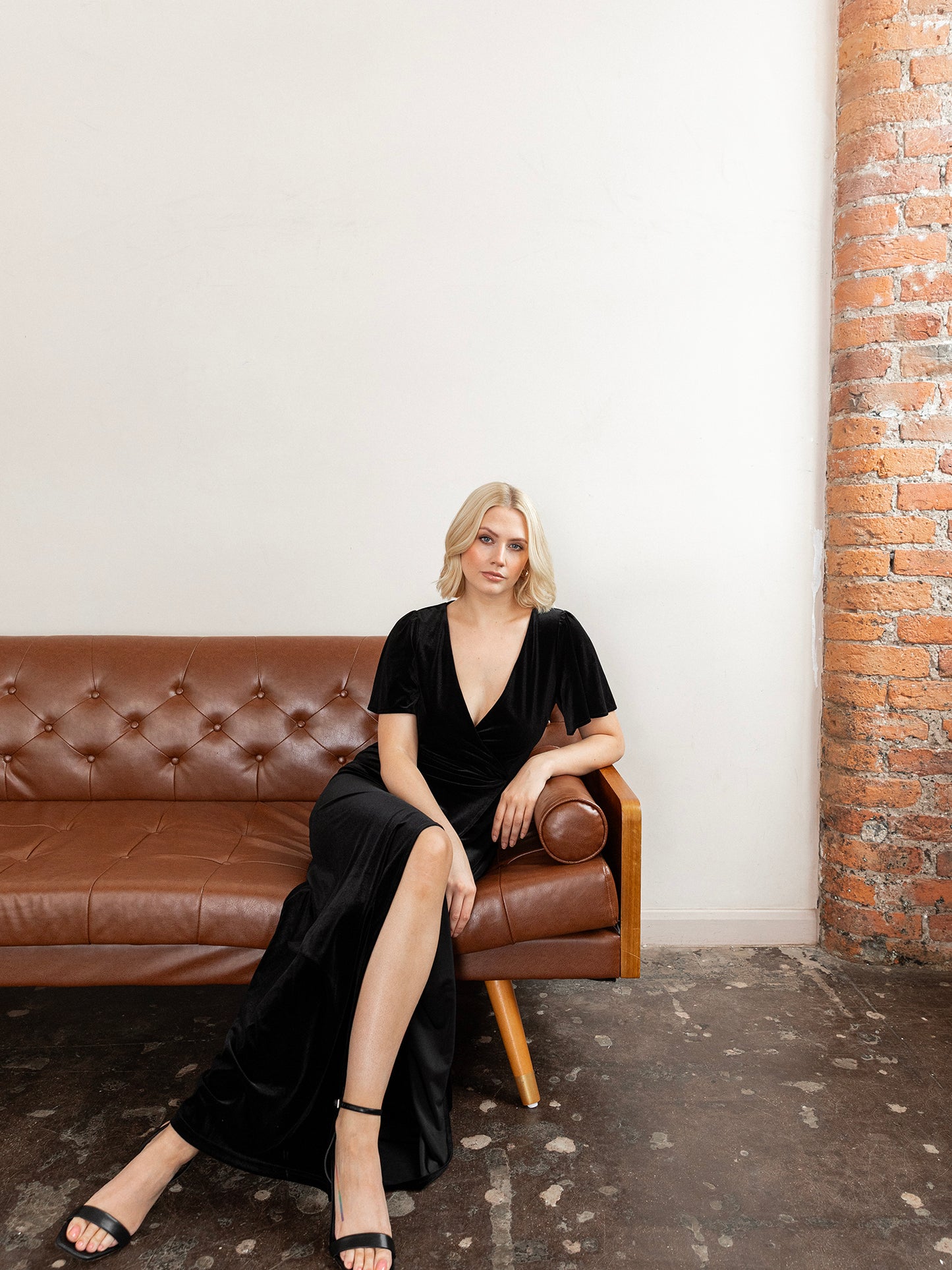 Maya Black Faux Wrap Short Sleeve Velvet Maxi Dress