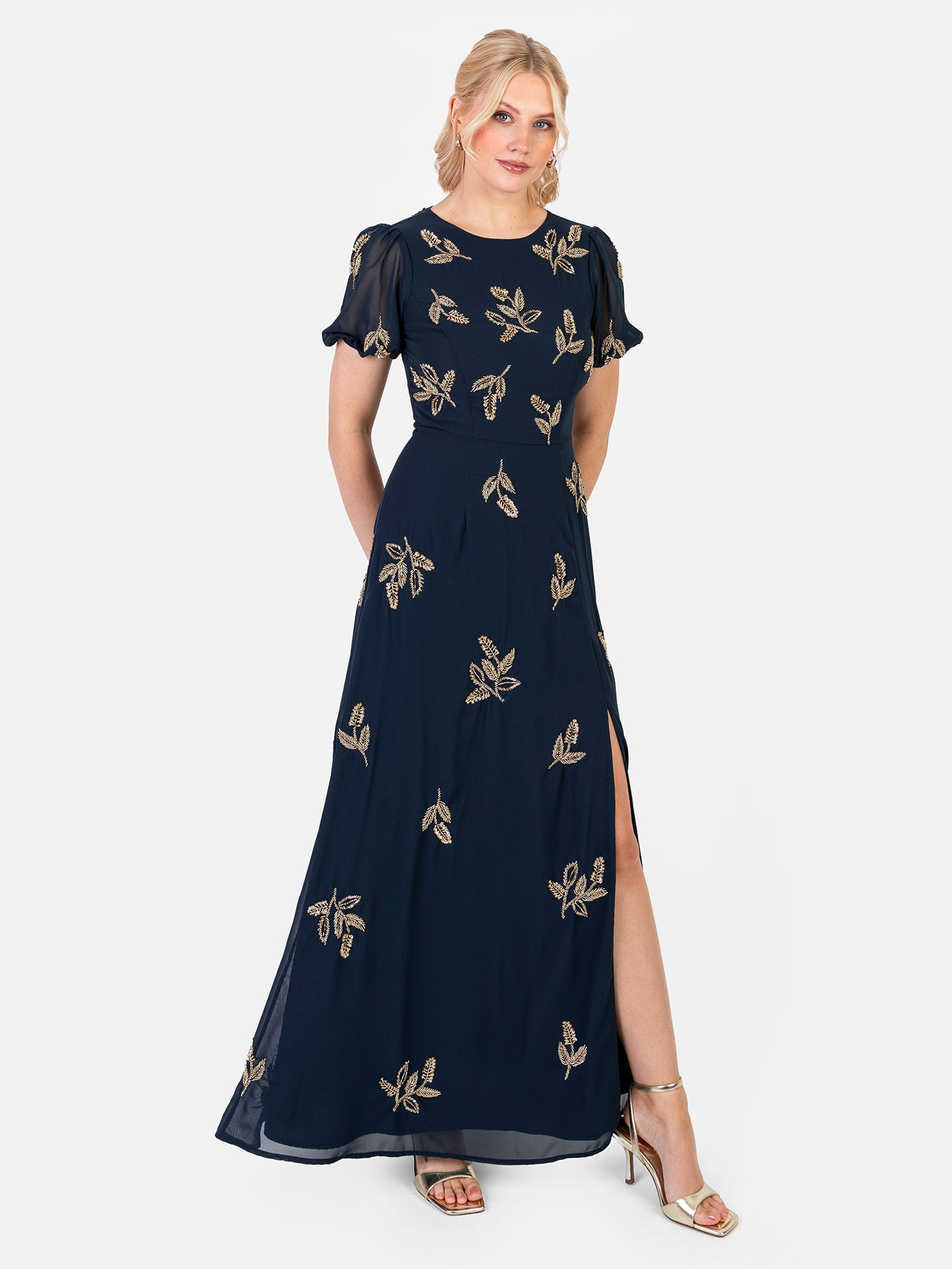 Maya Navy Embellished Short Sleeve Maxi Dress with Open Back
