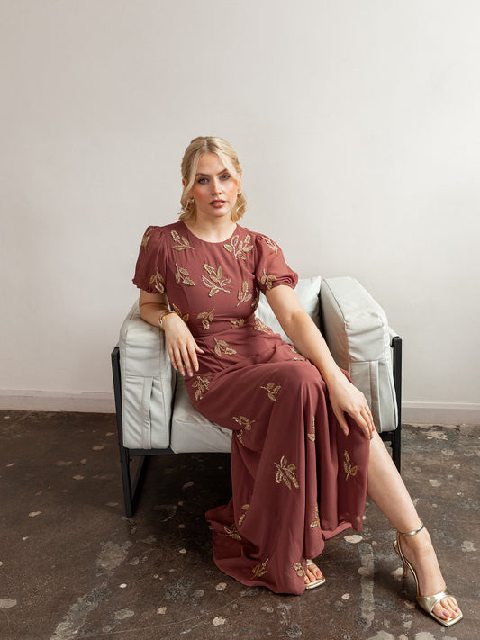 Maya Copper Rose Embellished Short Sleeve Maxi Dress with Open Back