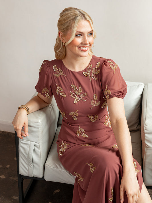 Maya Copper Rose Embellished Short Sleeve Maxi Dress with Open Back