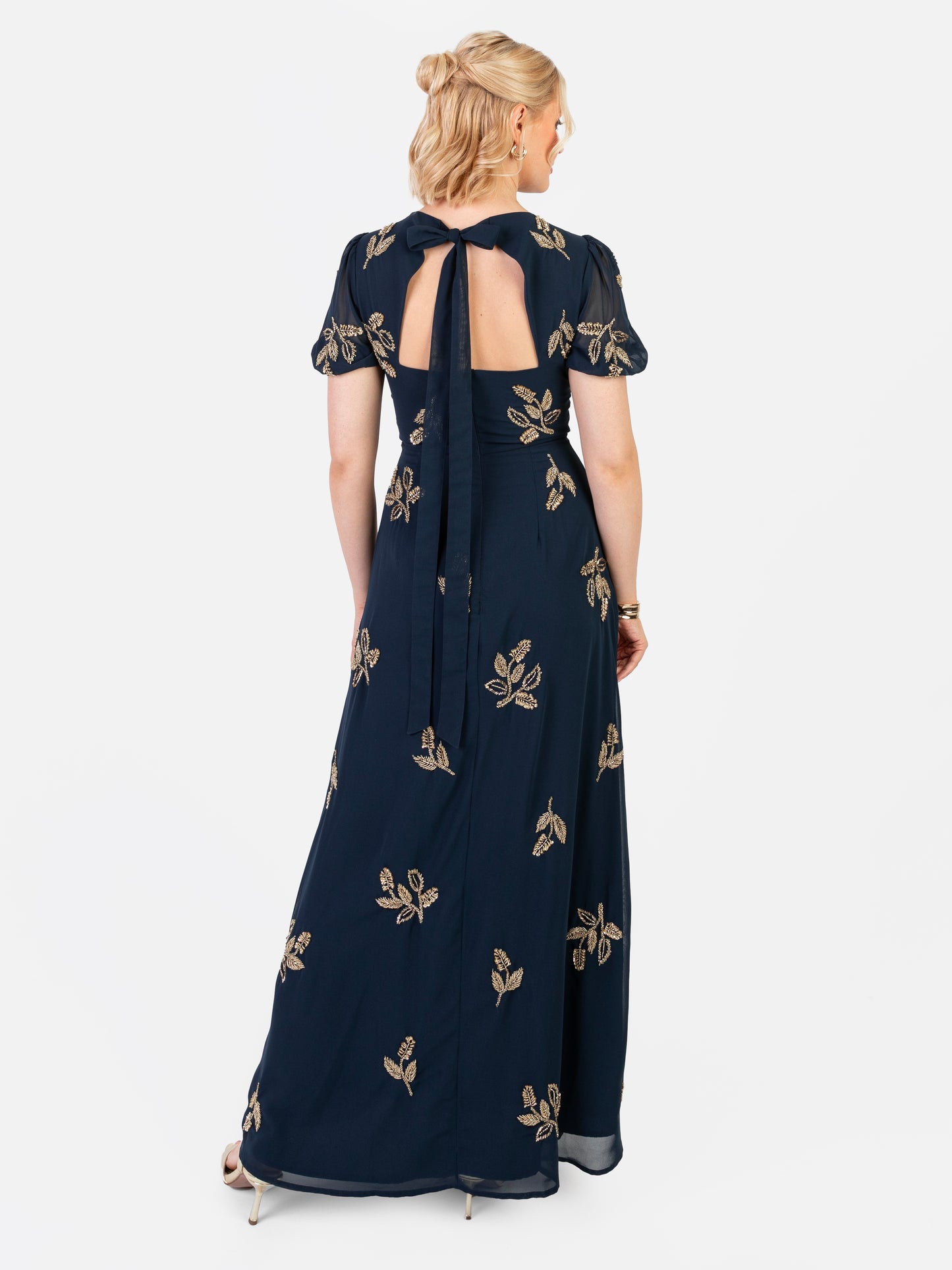 Maya Navy Embellished Short Sleeve Maxi Dress with Open Back