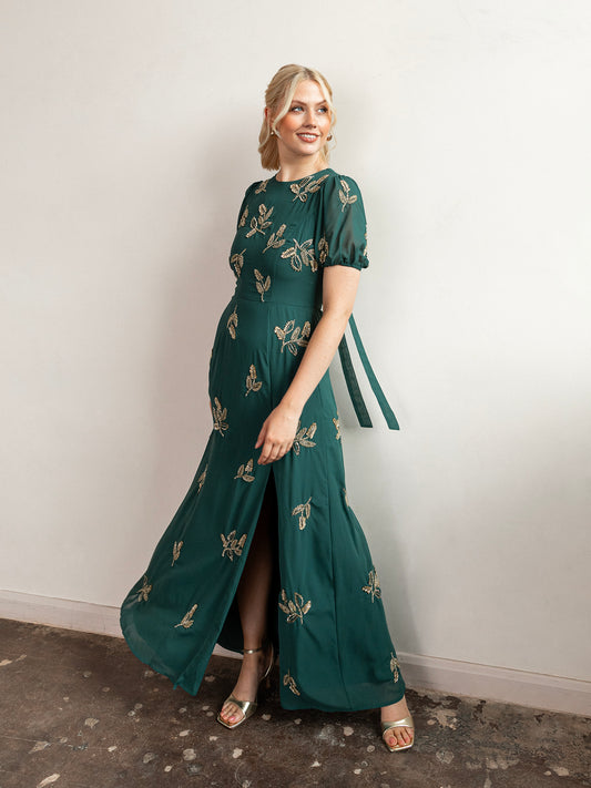 Maya Emerald Embellished Short Sleeve Maxi Dress with Open Back