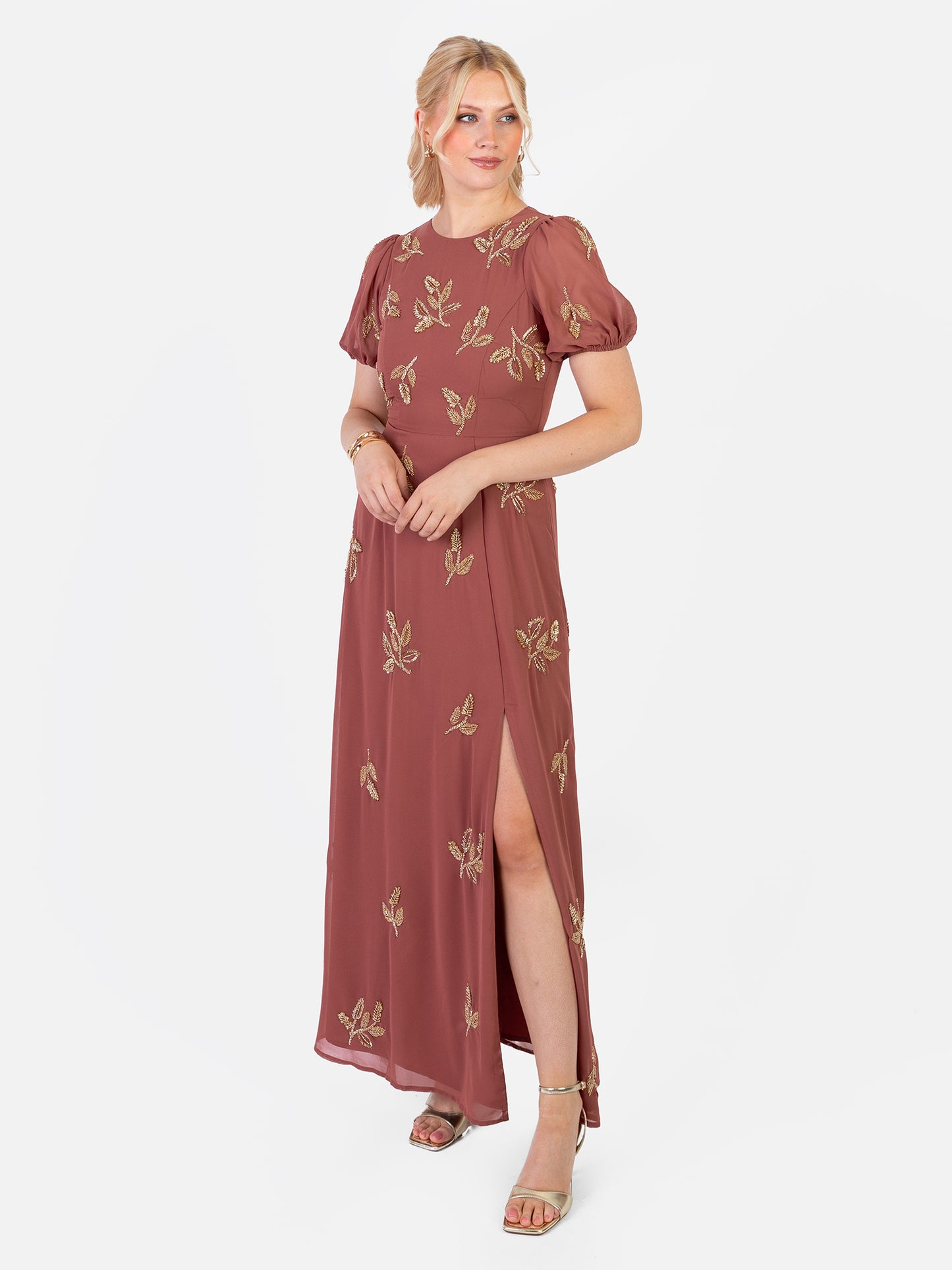 Maya Copper Rose Embellished Short Sleeve Maxi Dress with Open Back