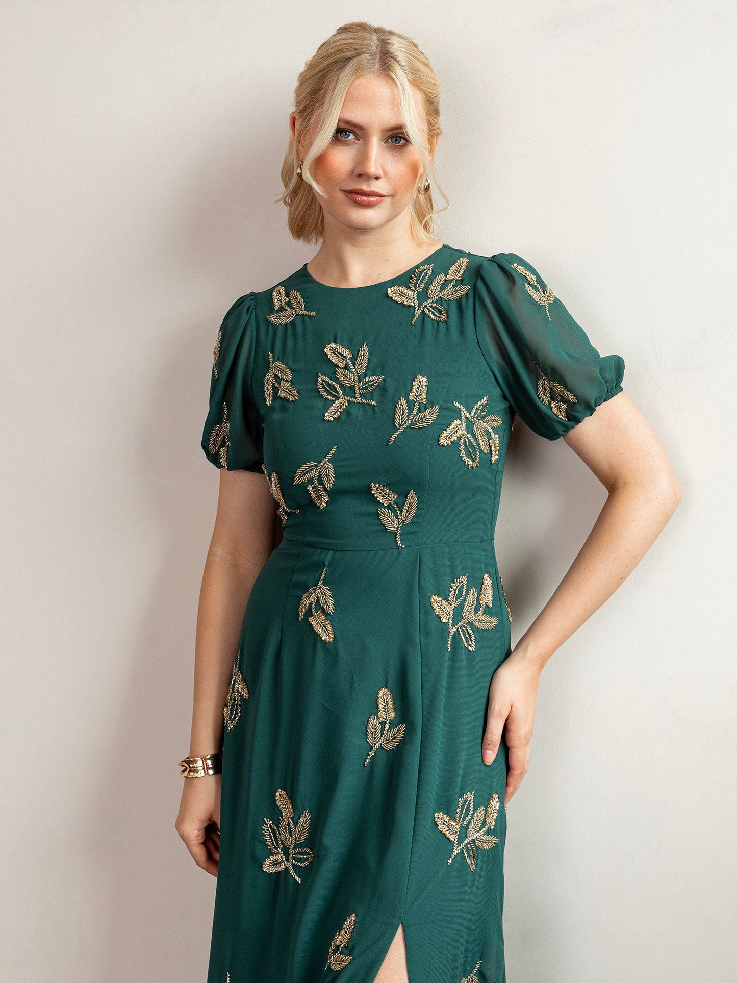 Maya Emerald Embellished Short Sleeve Maxi Dress with Open Back