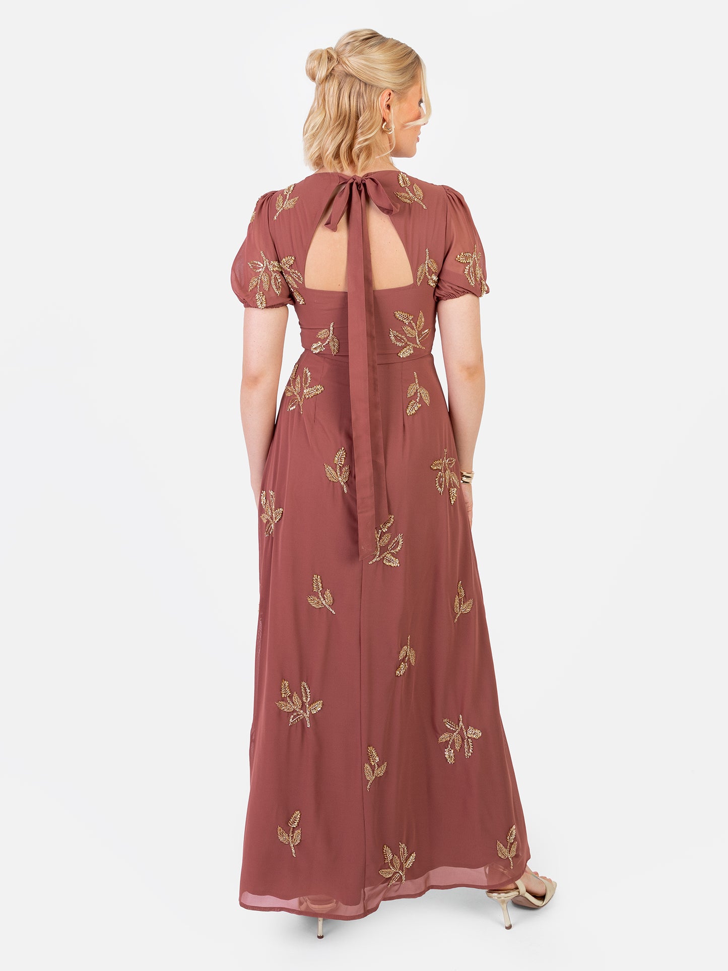 Maya Copper Rose Embellished Short Sleeve Maxi Dress with Open Back