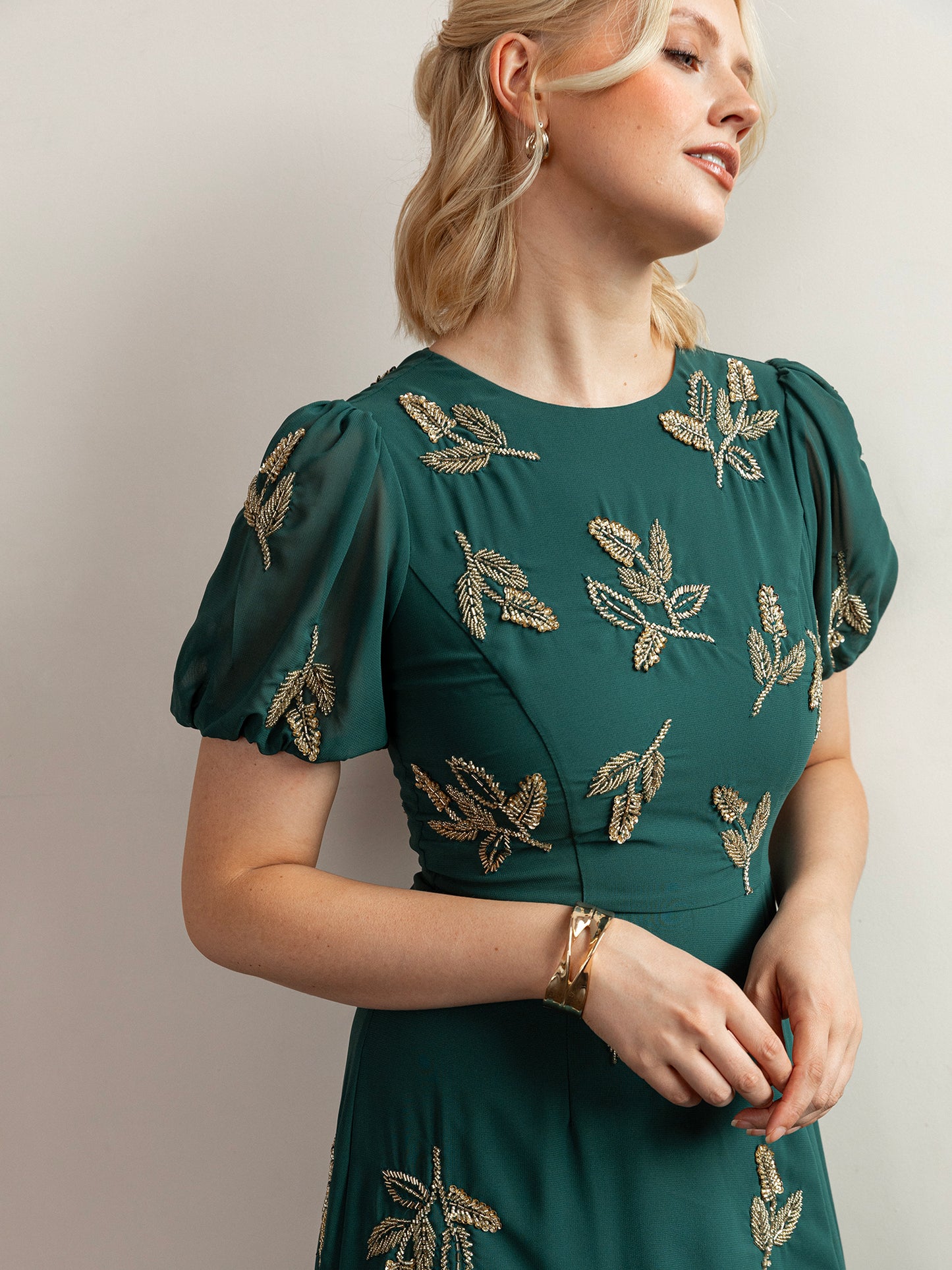 Maya Emerald Embellished Short Sleeve Maxi Dress with Open Back