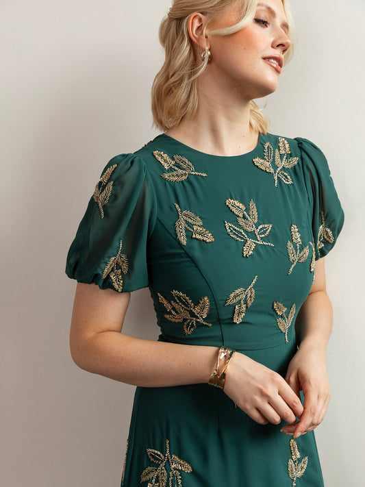 Maya Emerald Embellished Short Sleeve Maxi Dress with Open Back