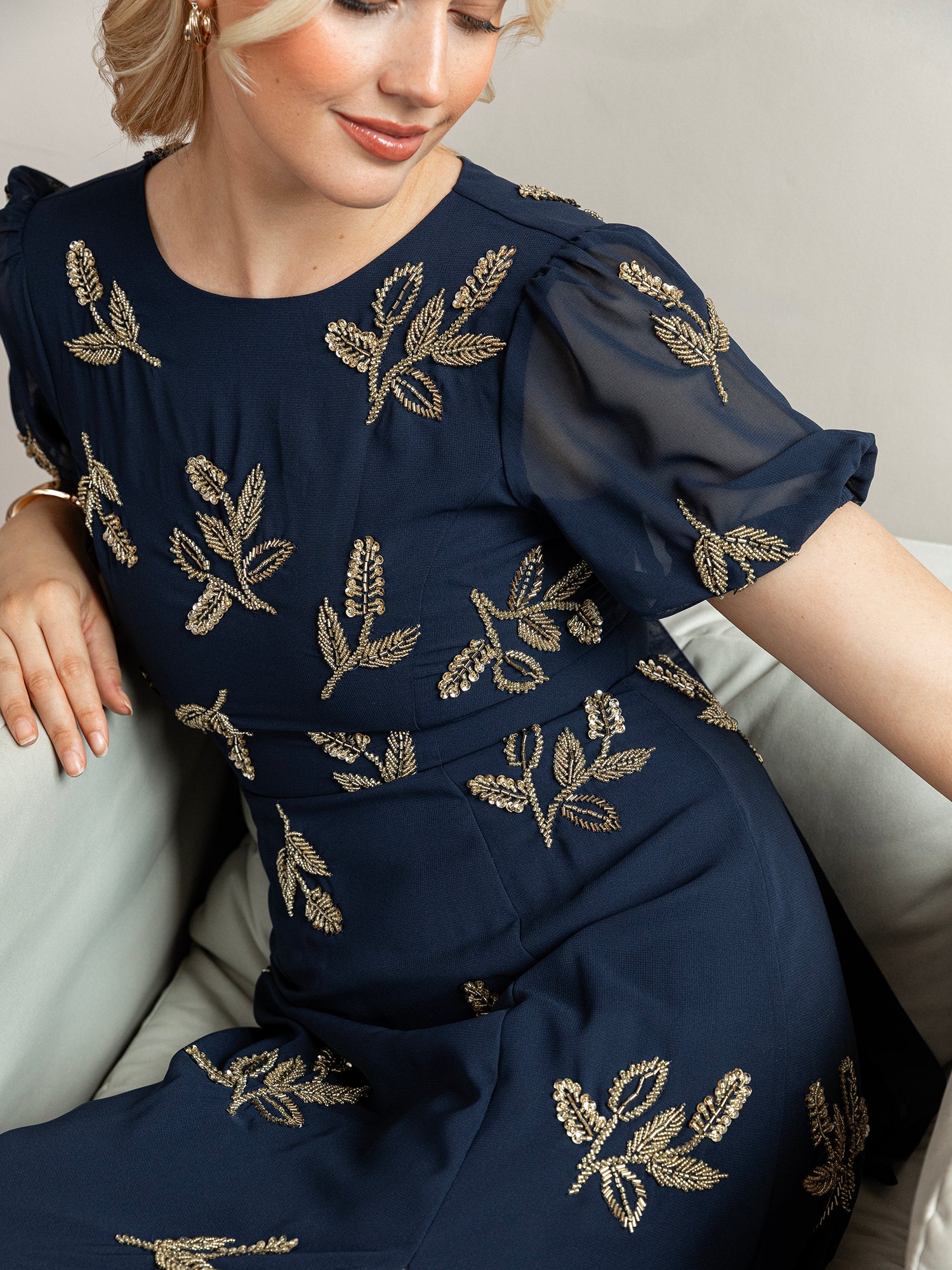 maya embellished short sleeve maxi dress Sage Green Floral Embellished Shirred Waist Short Sleeve Maxi Dress | Maya Deluxe