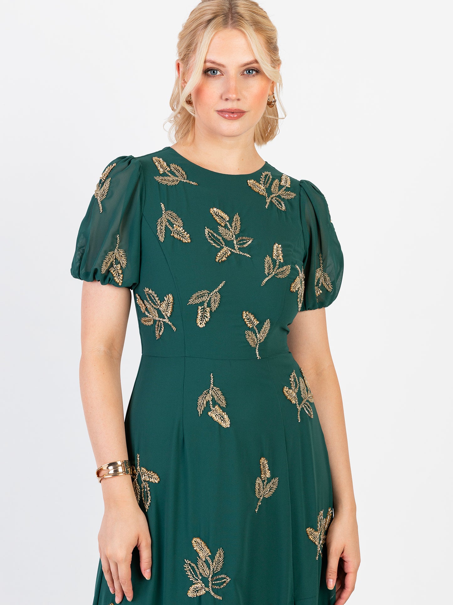 Maya Emerald Embellished Short Sleeve Maxi Dress with Open Back