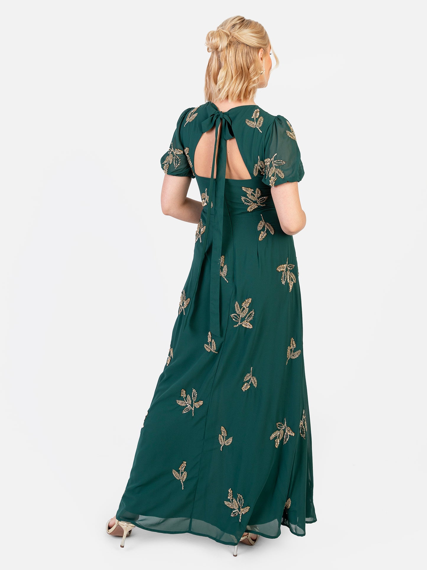Maya Emerald Embellished Short Sleeve Maxi Dress with Open Back