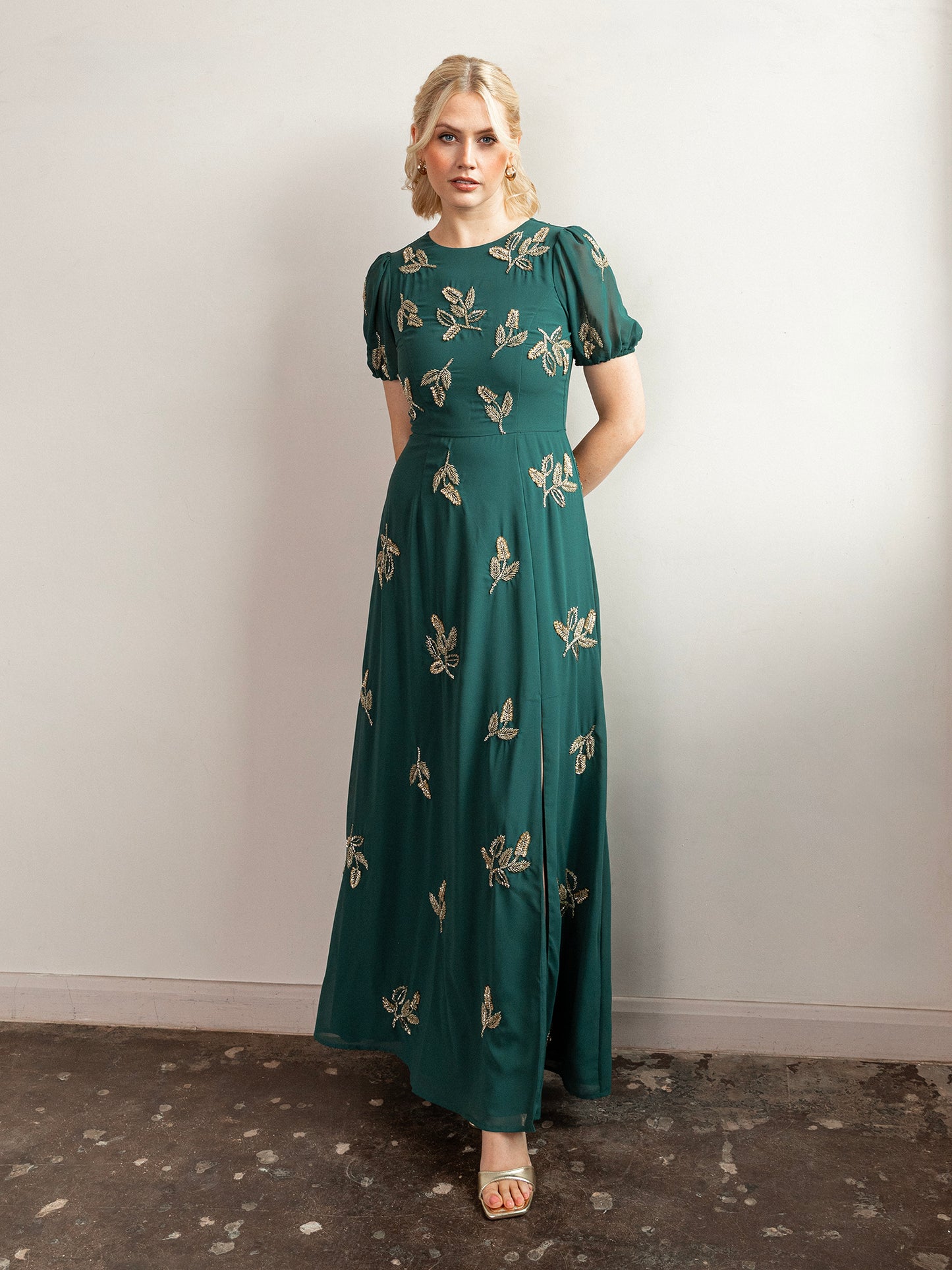 Maya Emerald Embellished Short Sleeve Maxi Dress with Open Back