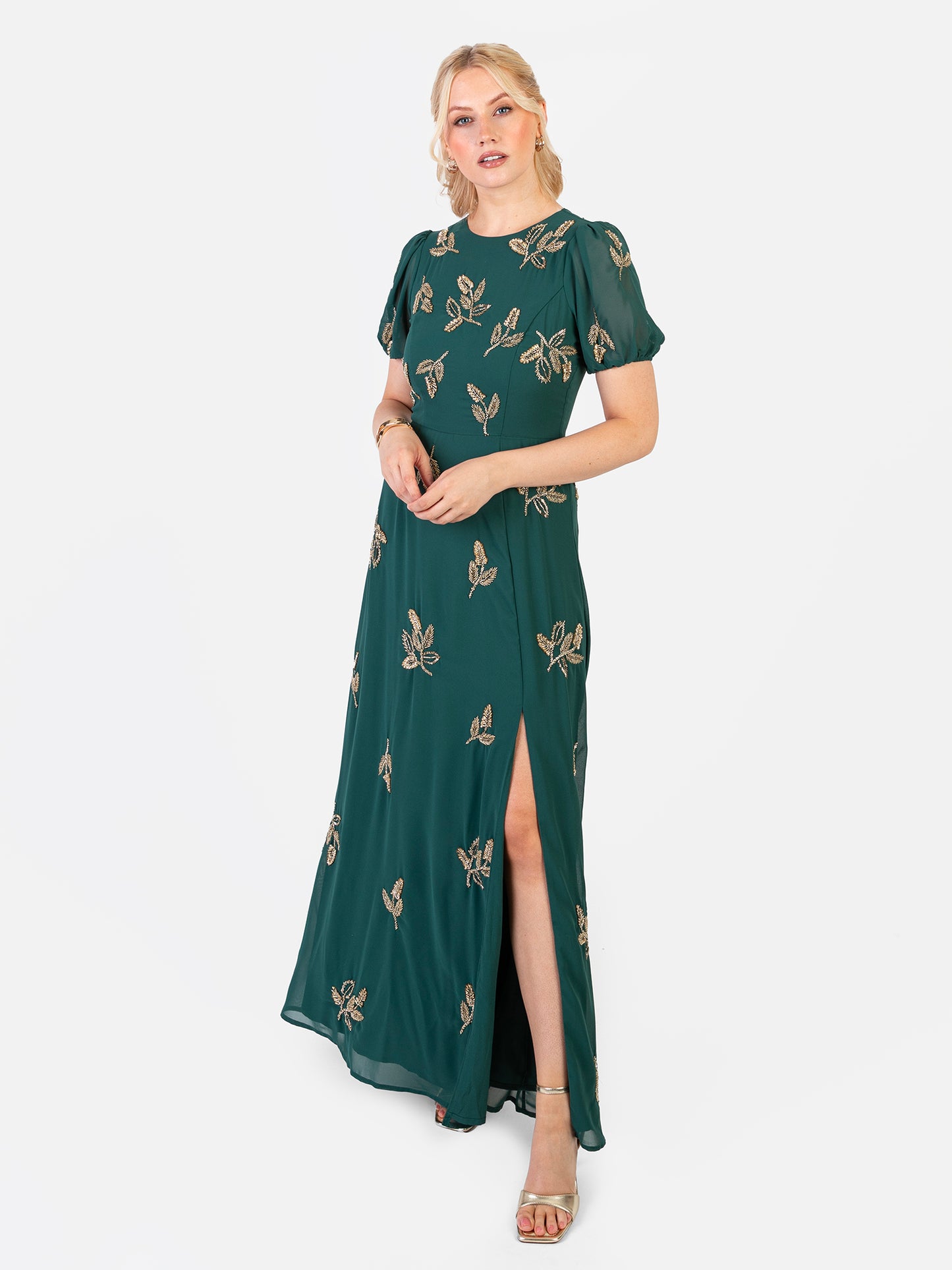 Maya Emerald Embellished Short Sleeve Maxi Dress with Open Back