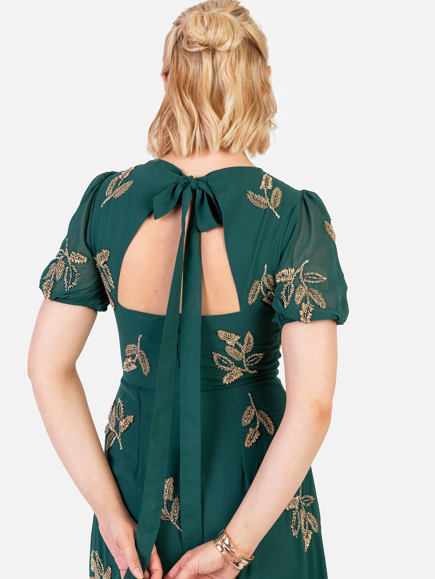 Maya Emerald Embellished Short Sleeve Maxi Dress with Open Back