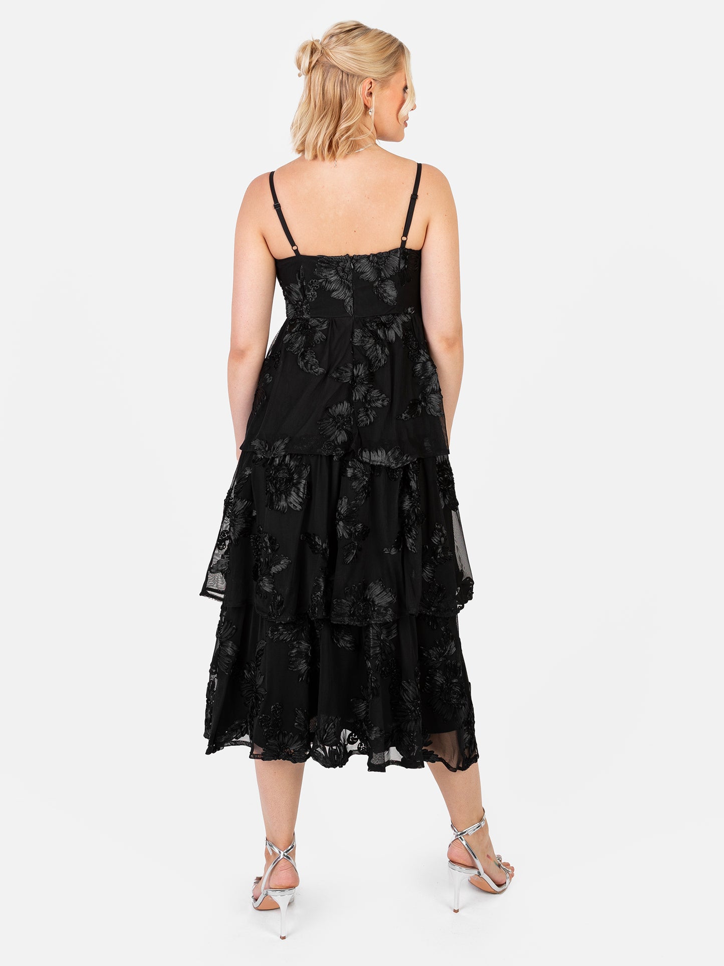 Maya Black 3D Floral Tiered Cami Midi Dress