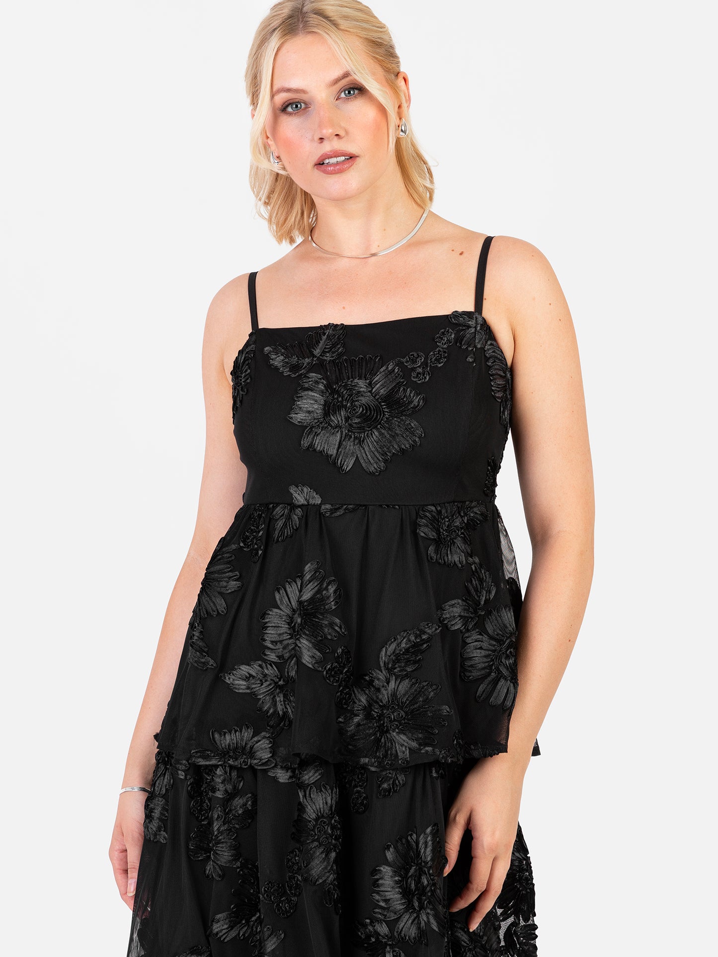 Maya Black 3D Floral Tiered Cami Midi Dress