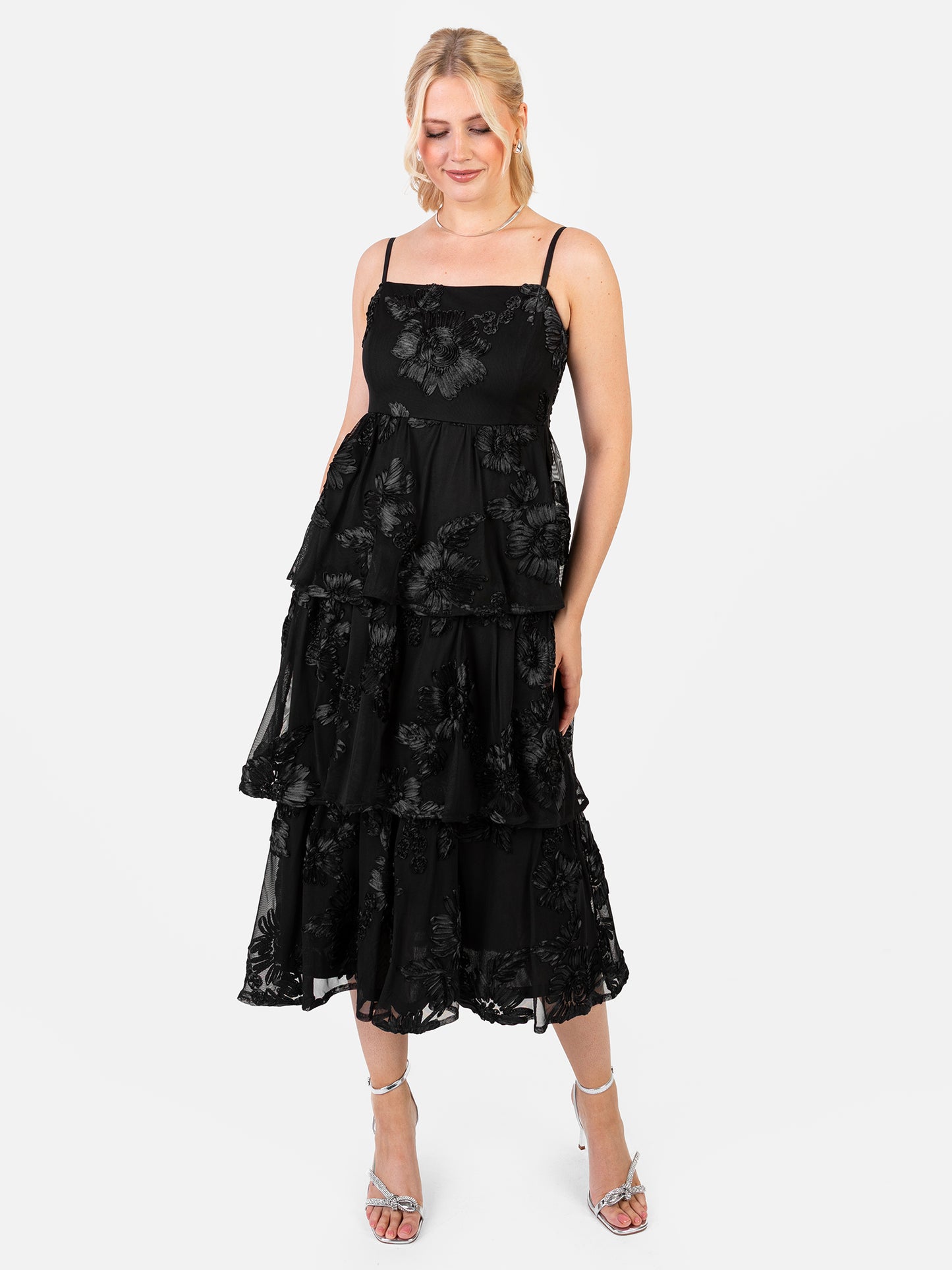 Maya Black 3D Floral Tiered Cami Midi Dress