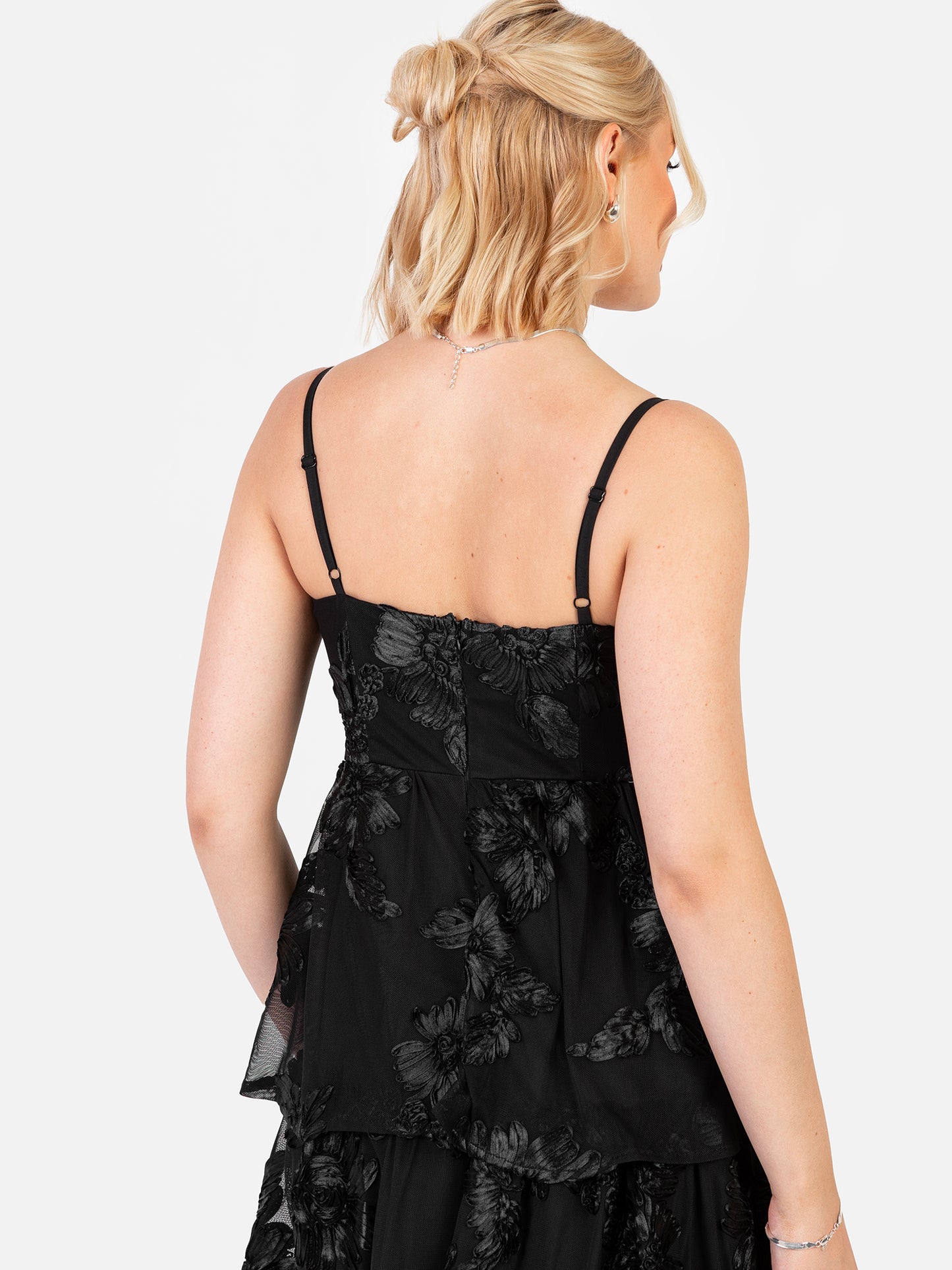 Maya Black 3D Floral Tiered Cami Midi Dress