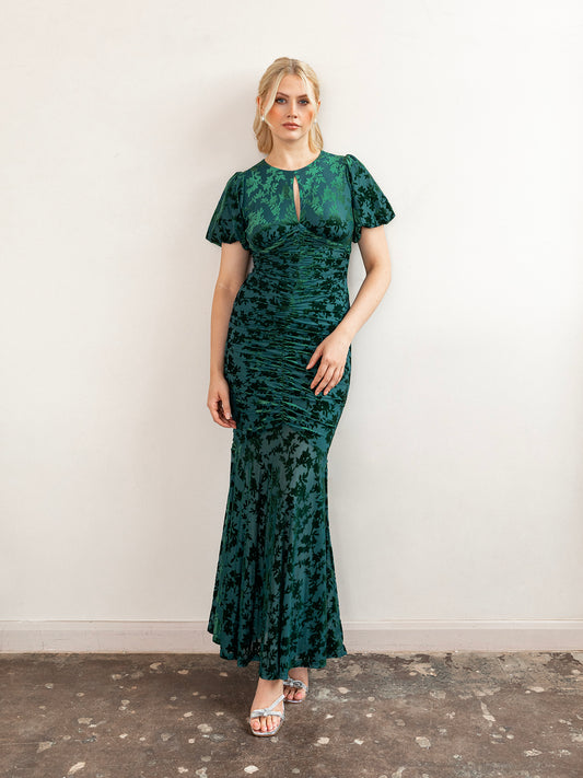 Maya Teal Flocked Velvet Ruched Maxi Dress