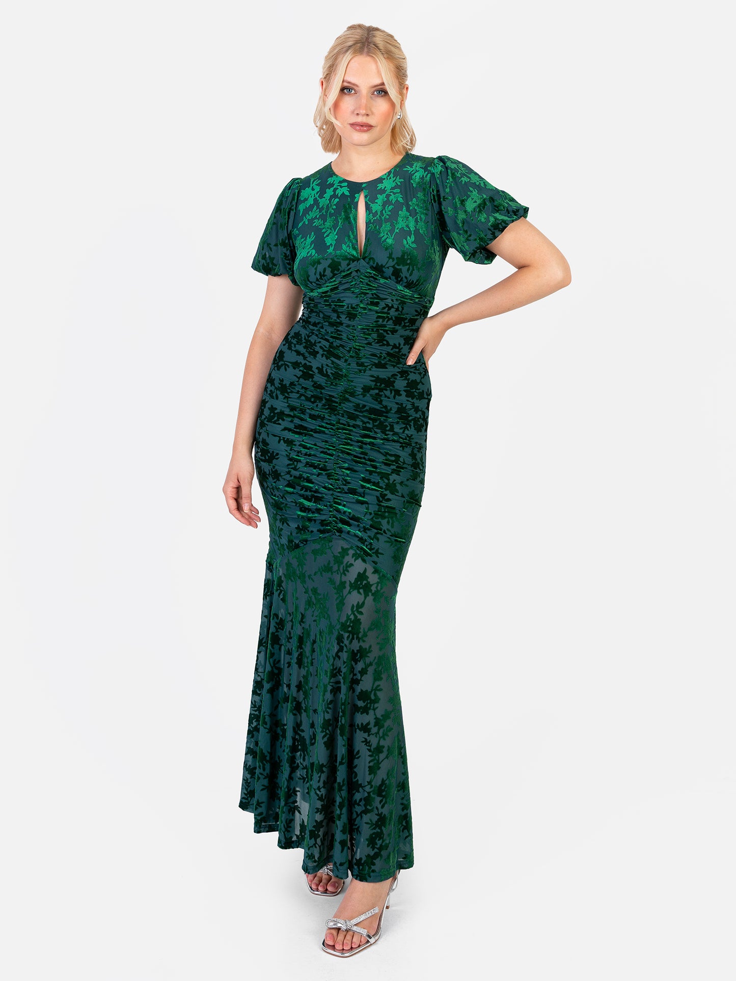 Maya Teal Flocked Velvet Ruched Maxi Dress