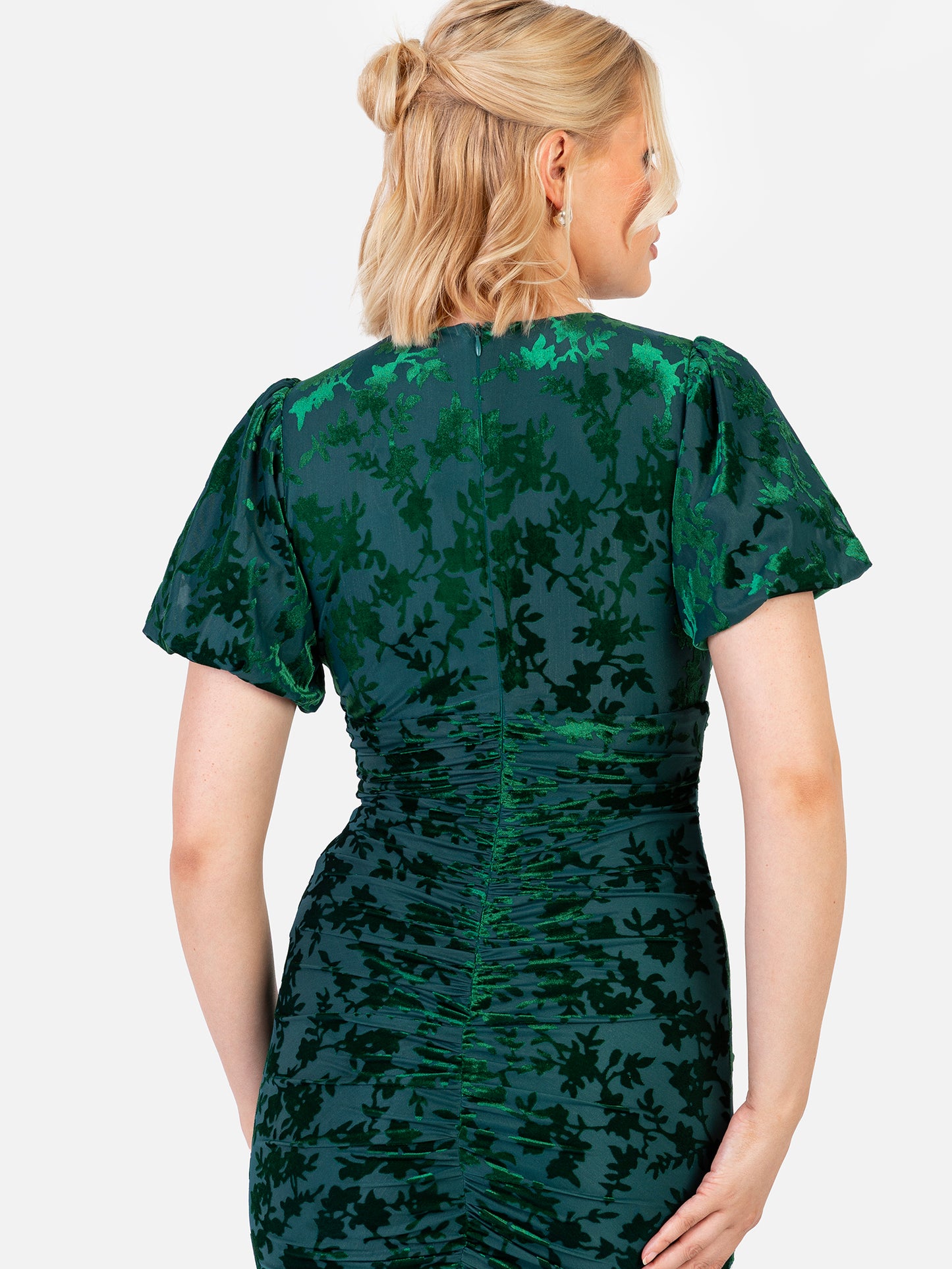 Maya Teal Flocked Velvet Ruched Maxi Dress