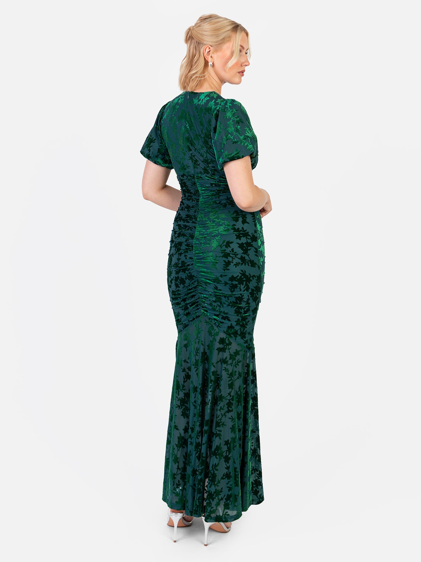 Maya Teal Flocked Velvet Ruched Maxi Dress