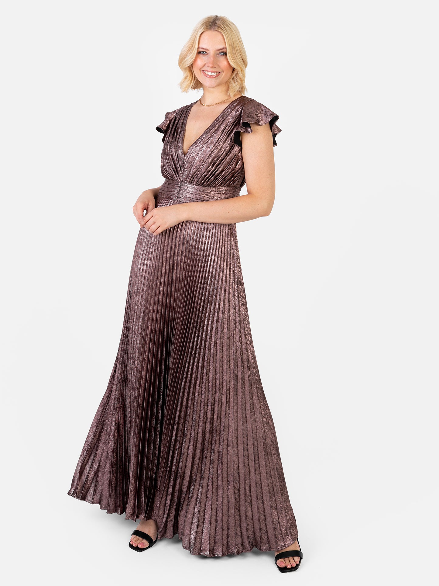 Maya Metallic Flutter Sleeve V Neck Pleated Maxi Dress