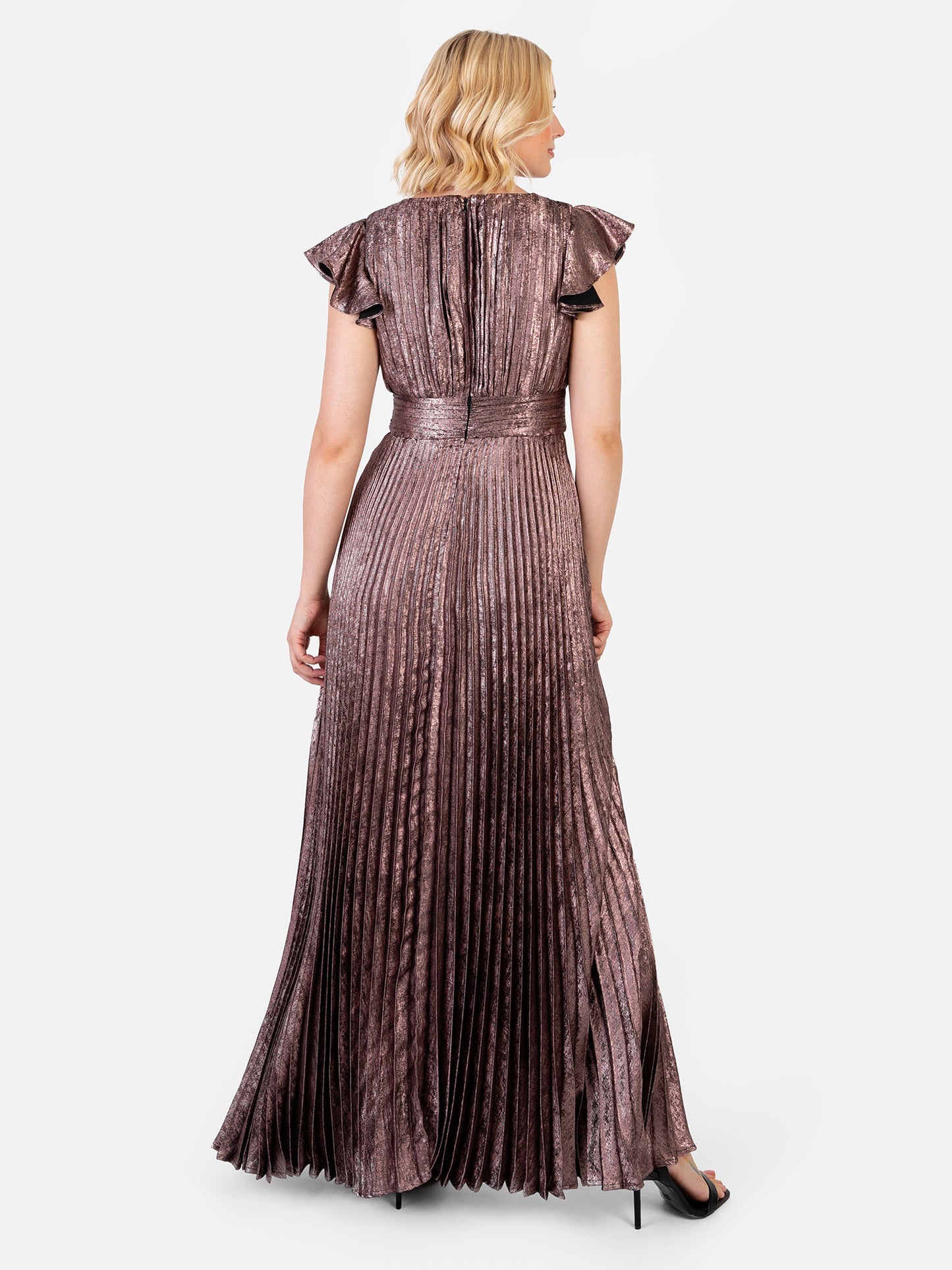 Maya Metallic Flutter Sleeve V Neck Pleated Maxi Dress