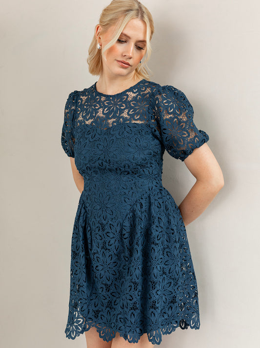Maya Teal Short Sleeve Lace Mini Dress