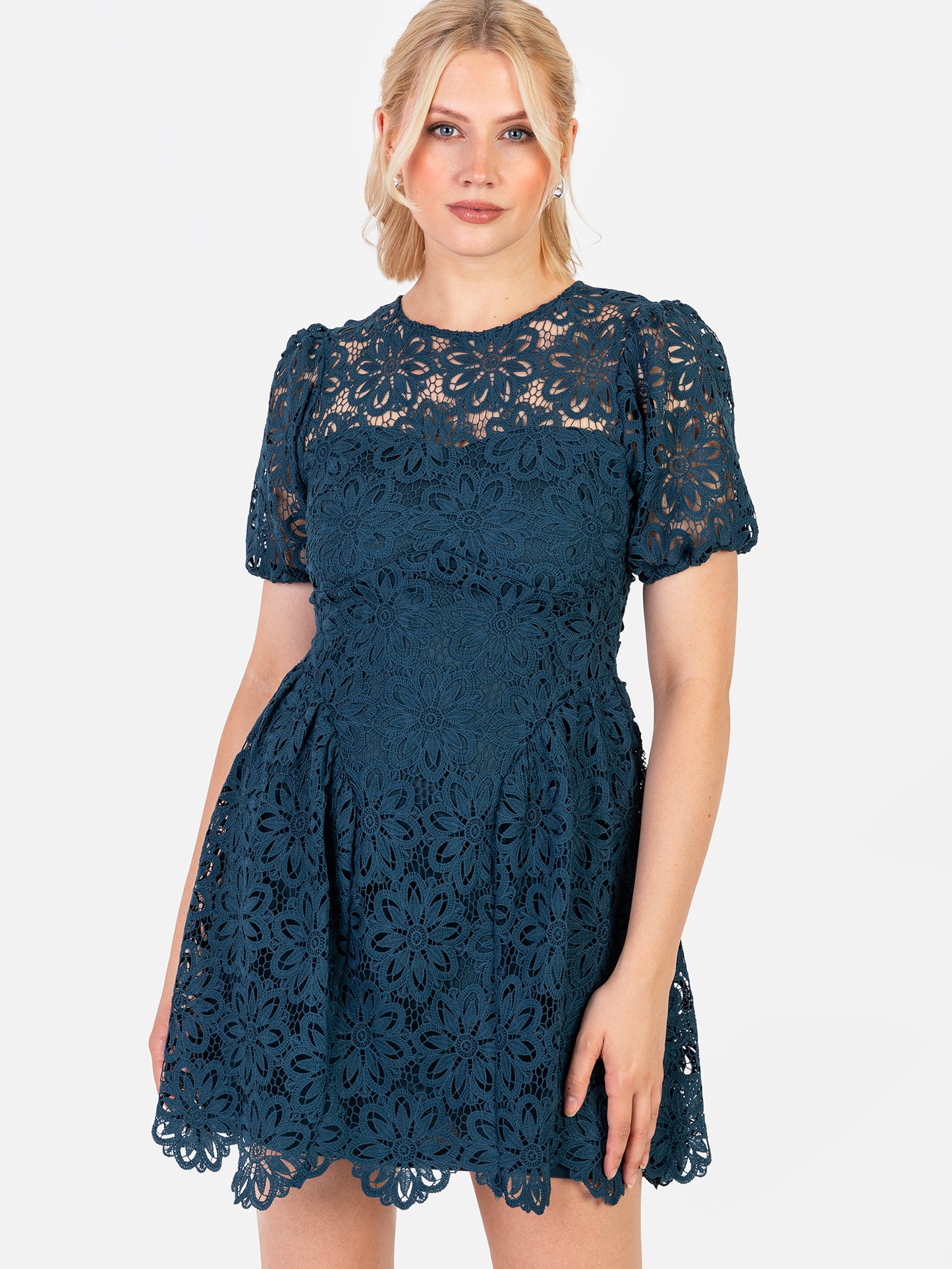 Maya Teal Short Sleeve Lace Mini Dress