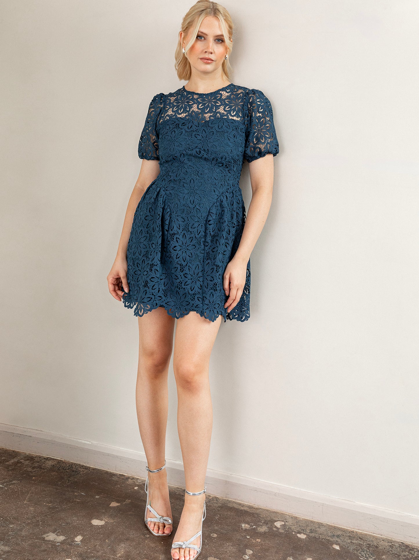 Maya Teal Short Sleeve Lace Mini Dress