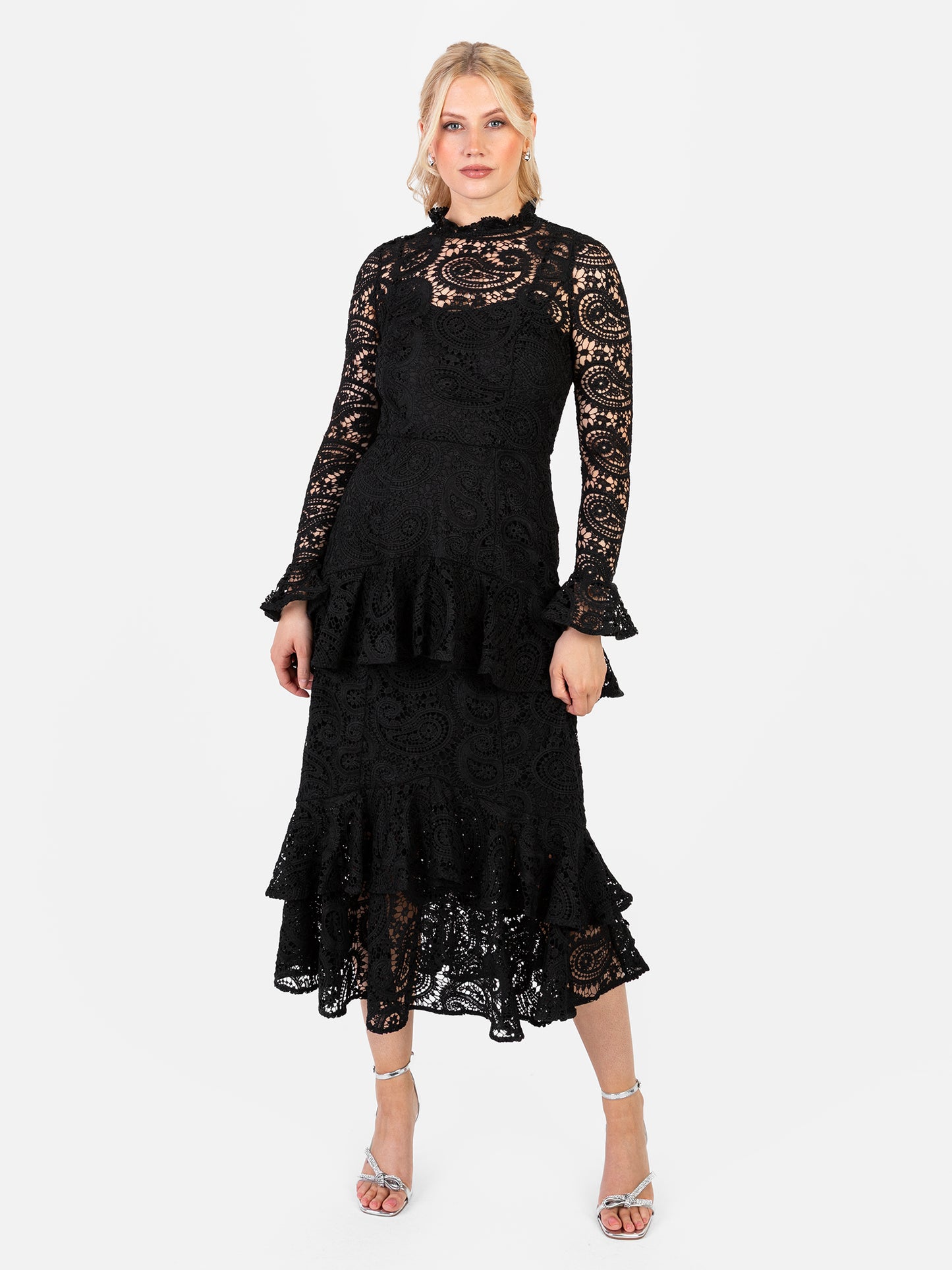 Maya Black Lace High Neck Long Sleeve Ruffle Midaxi Dress