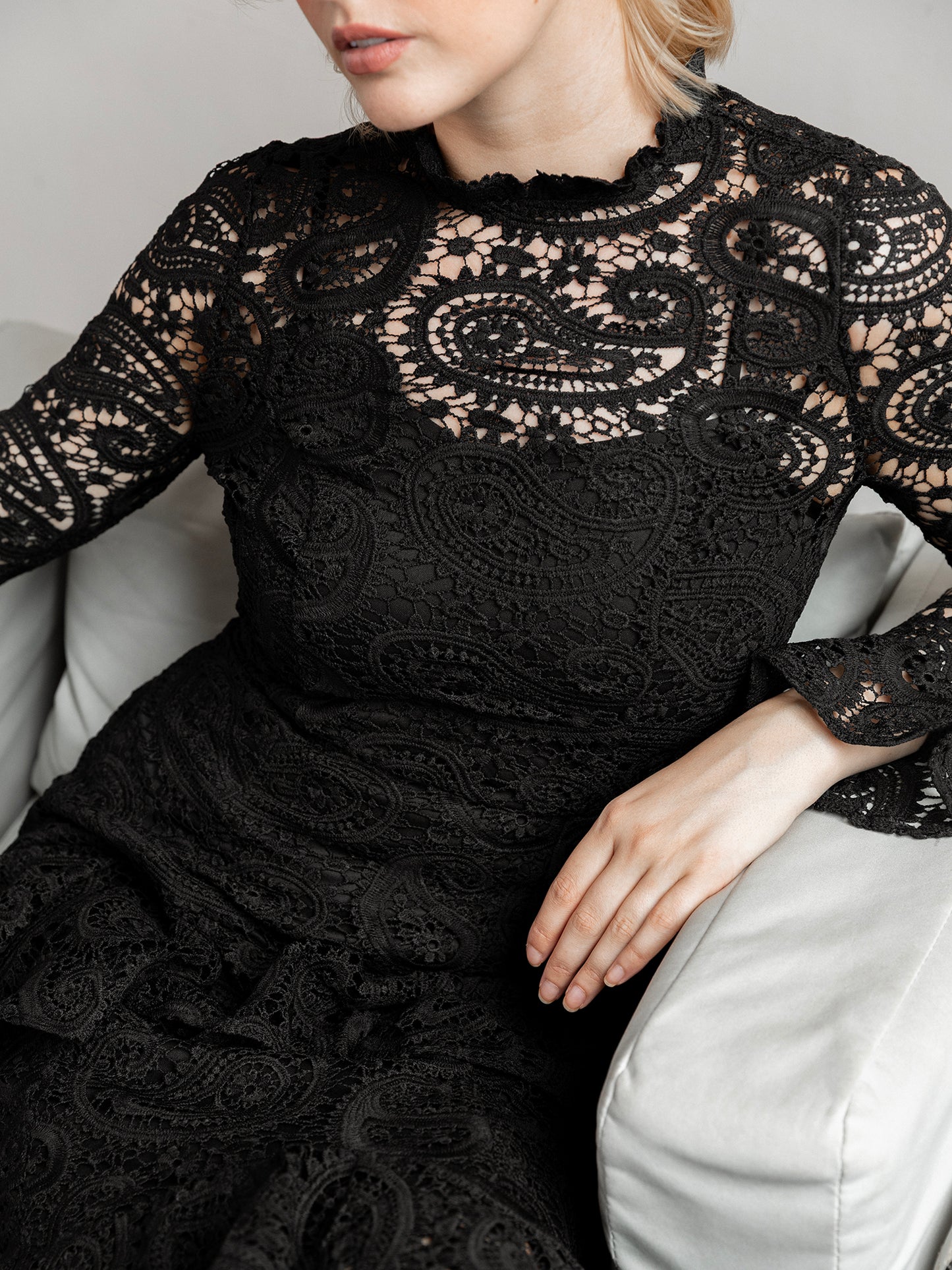 Maya Black Lace High Neck Long Sleeve Ruffle Midaxi Dress