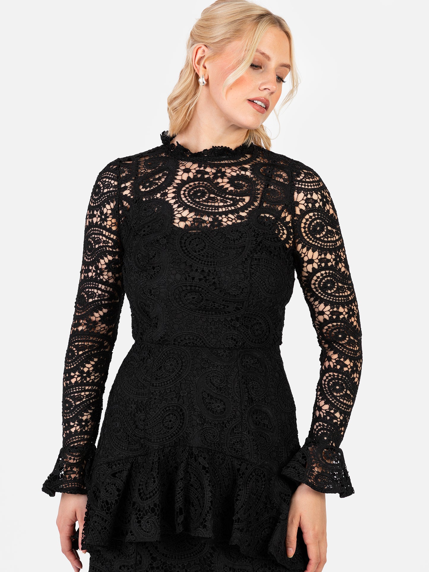 Maya Black Lace High Neck Long Sleeve Ruffle Midaxi Dress