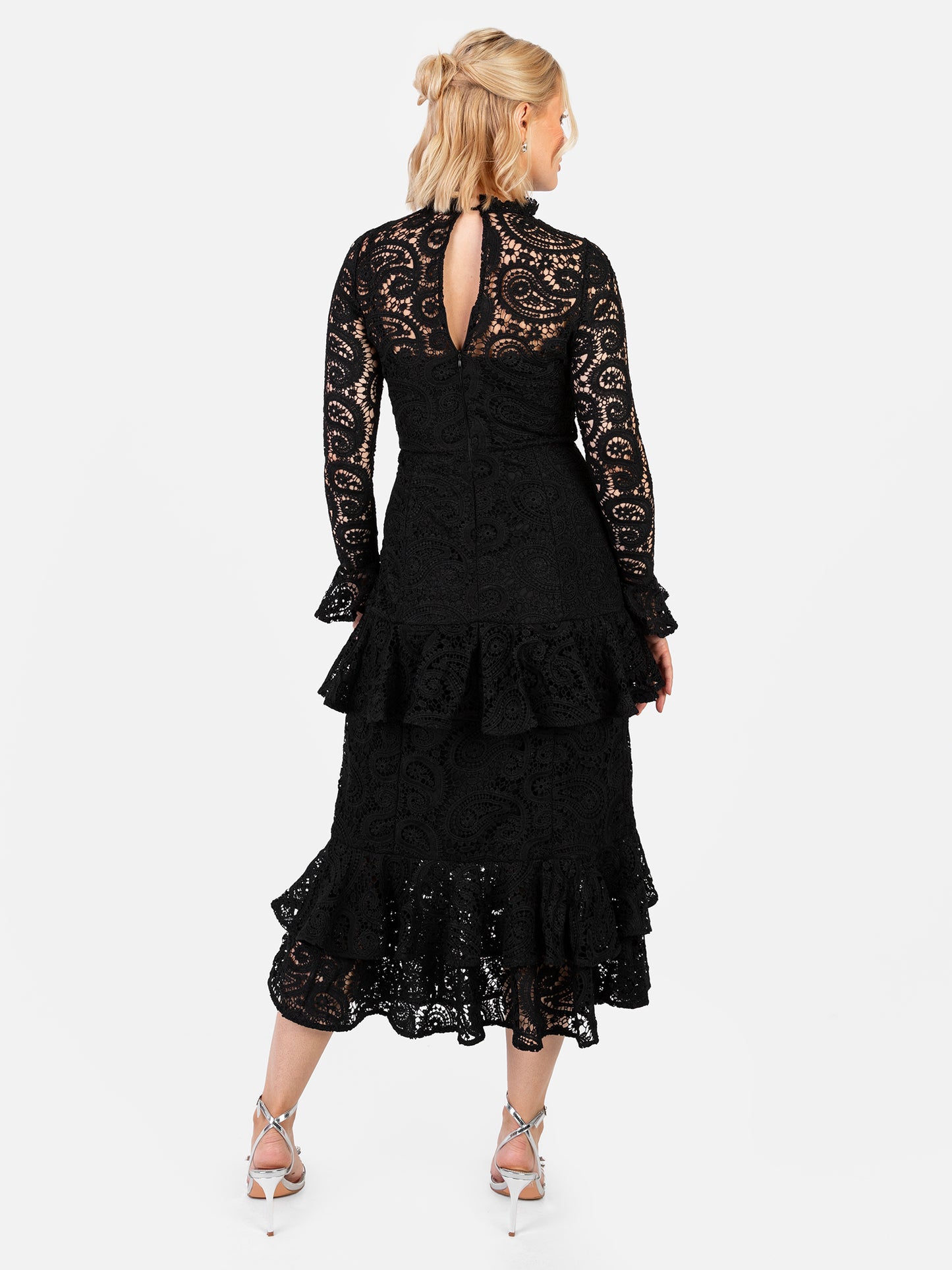 Maya Black Lace High Neck Long Sleeve Ruffle Midaxi Dress