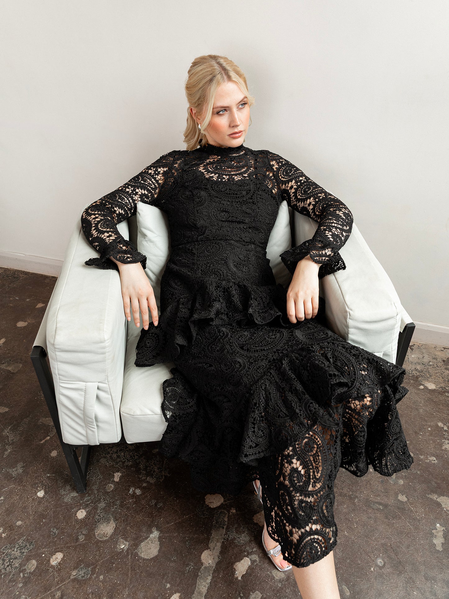 Maya Black Lace High Neck Long Sleeve Ruffle Midaxi Dress