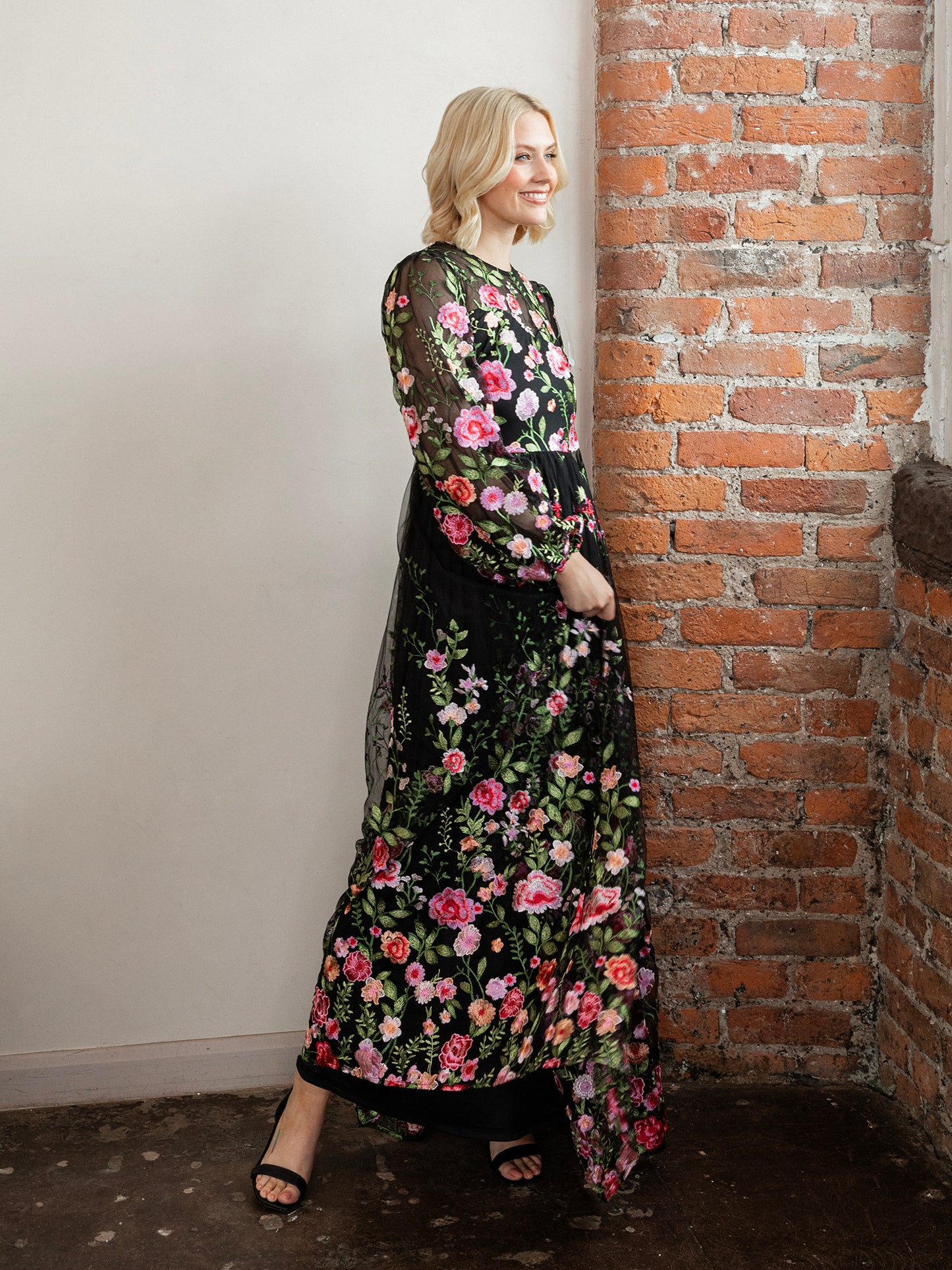 Maya Floral Embroidered Blouson Sleeve Maxi Dress