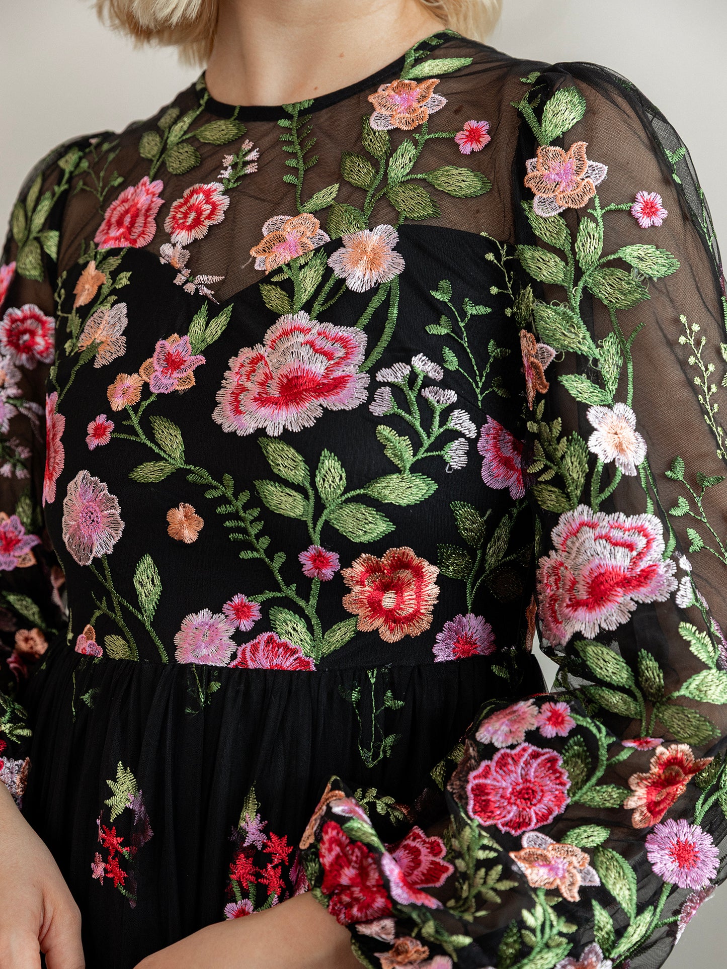 Maya Floral Embroidered Blouson Sleeve Maxi Dress