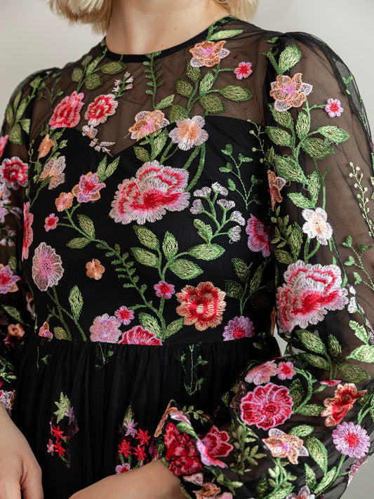 Maya Floral Embroidered Blouson Sleeve Maxi Dress