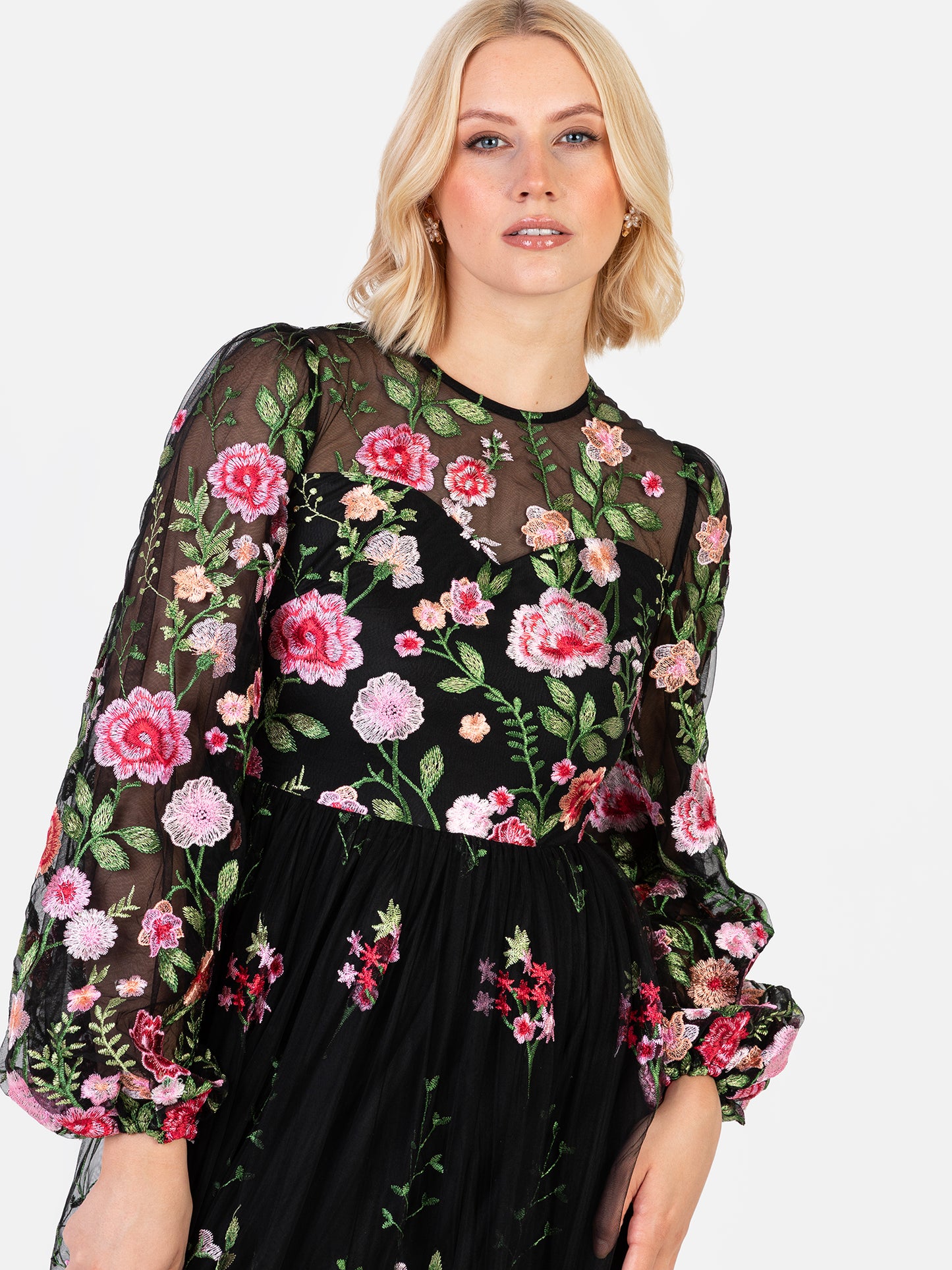 Maya Floral Embroidered Blouson Sleeve Maxi Dress
