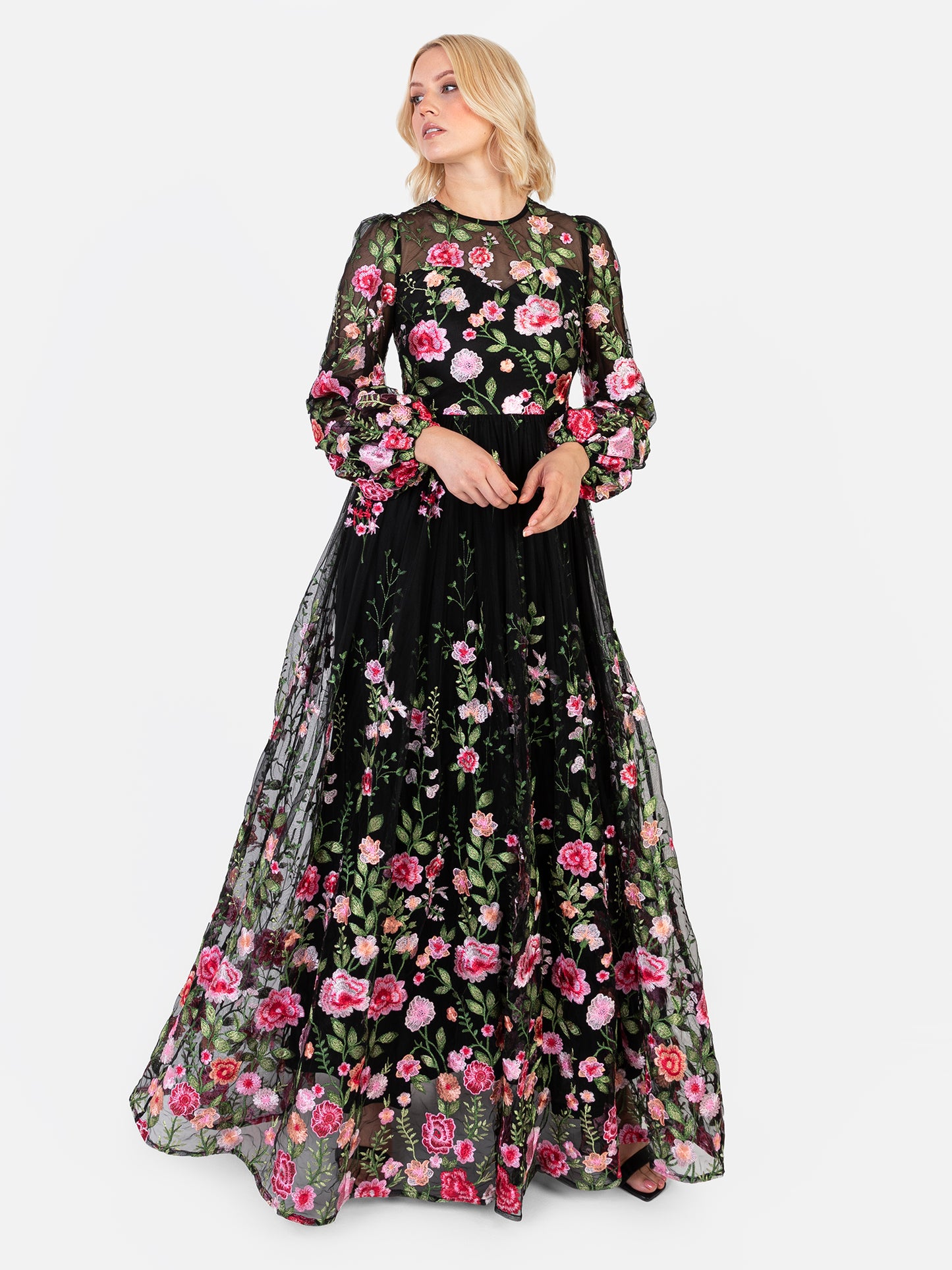 Maya Floral Embroidered Blouson Sleeve Maxi Dress