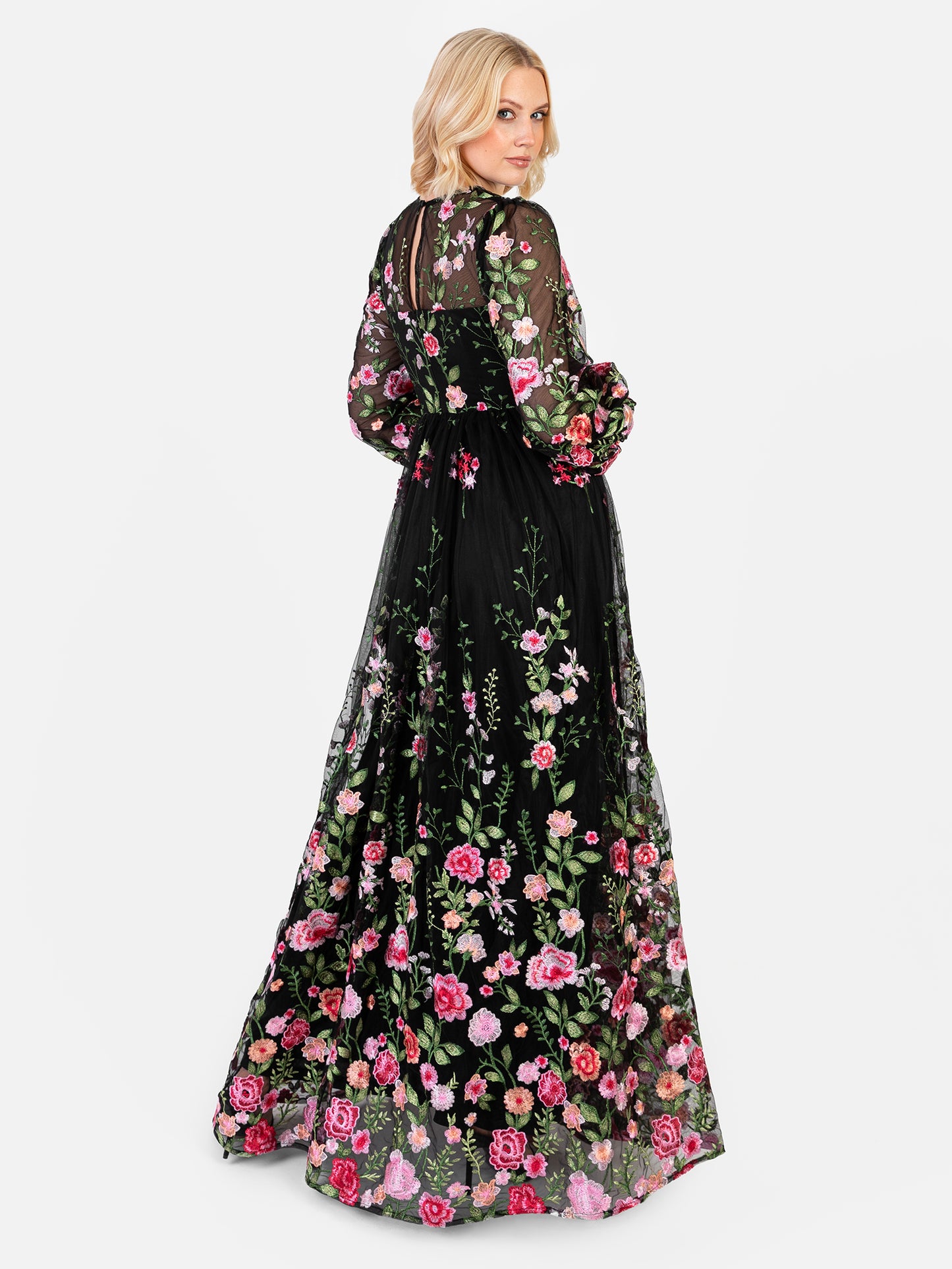 Maya Floral Embroidered Blouson Sleeve Maxi Dress