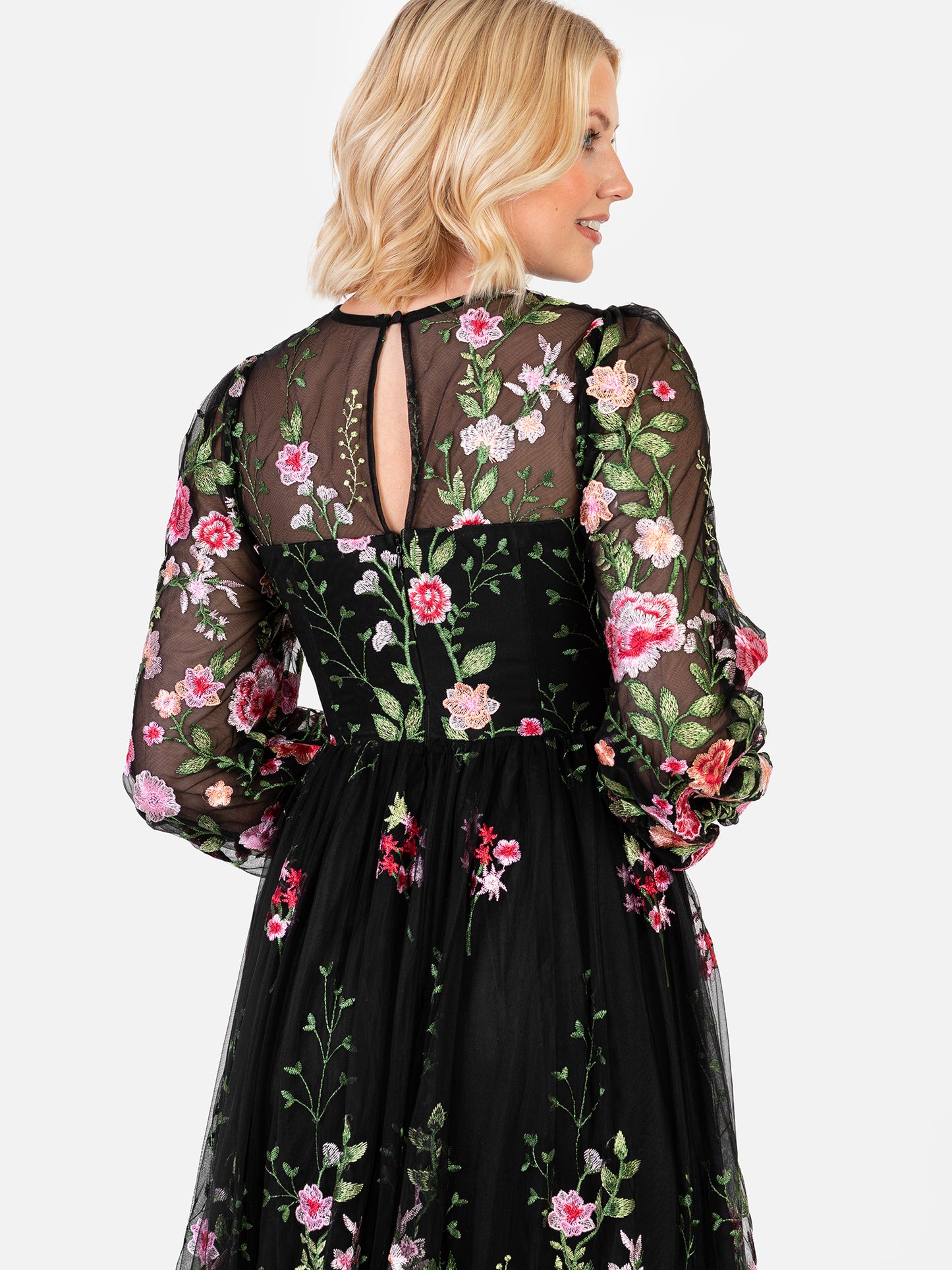 Maya Floral Embroidered Blouson Sleeve Maxi Dress