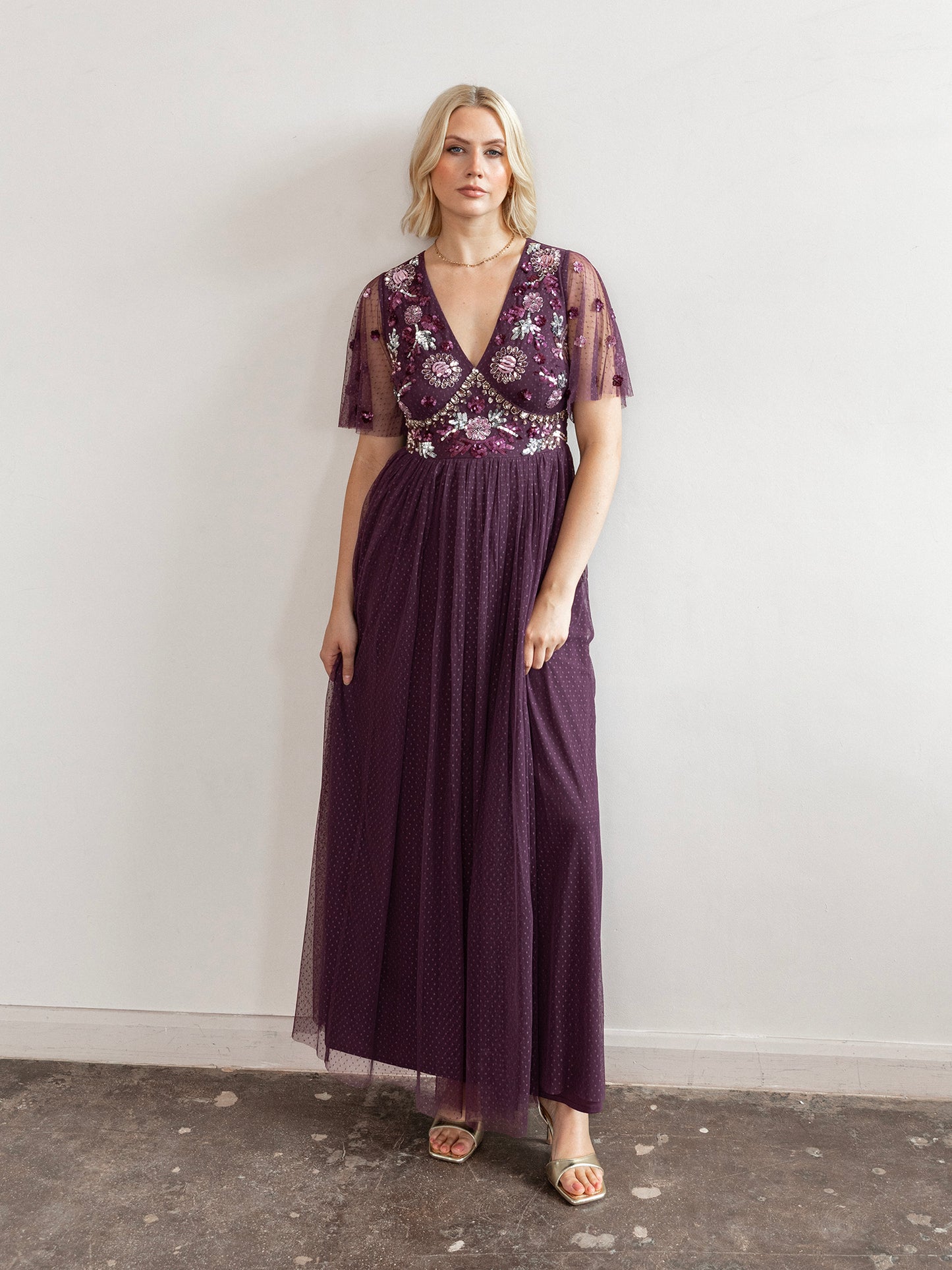 Maya Berry Floral Embellished Spot Mesh Maxi Dress