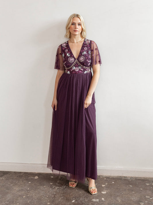 Maya Berry Floral Embellished Spot Mesh Maxi Dress