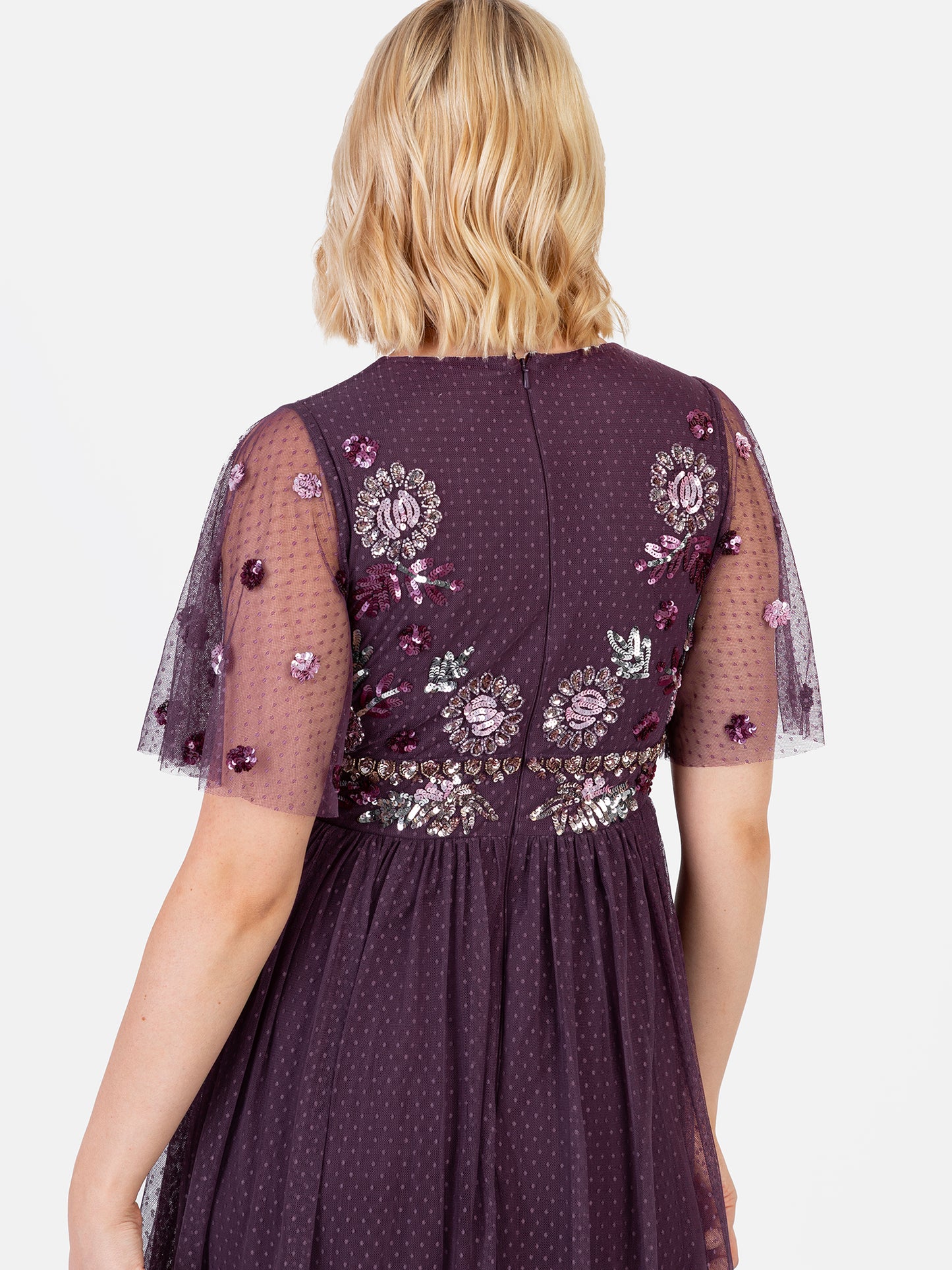 Maya Berry Floral Embellished Spot Mesh Maxi Dress