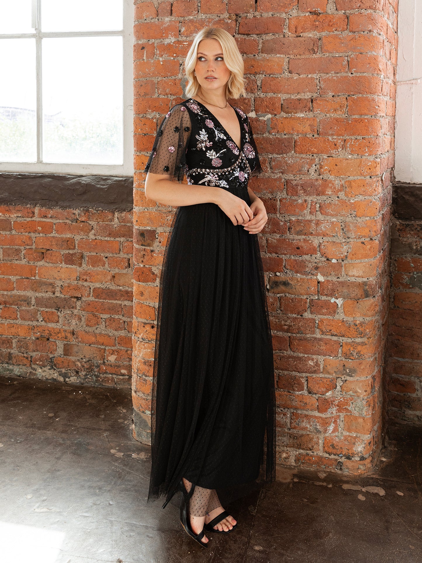 Maya Black Floral Embellished Spot Mesh Maxi Dress